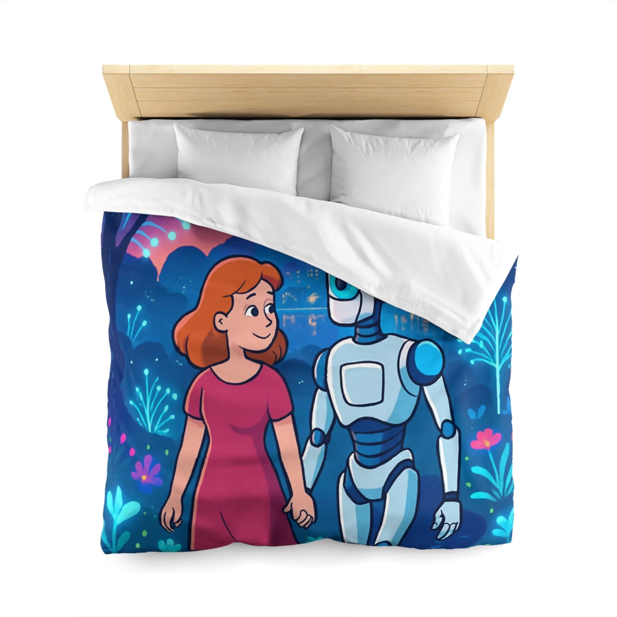 Housse de Couette Enchantée: Enfant et Robot dans un Univers Coloré et Futuriste