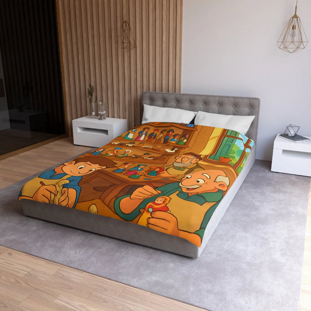 Housse de couette chaleureuse avec scène artisanale, figurines en bois colorées et personnages souriants