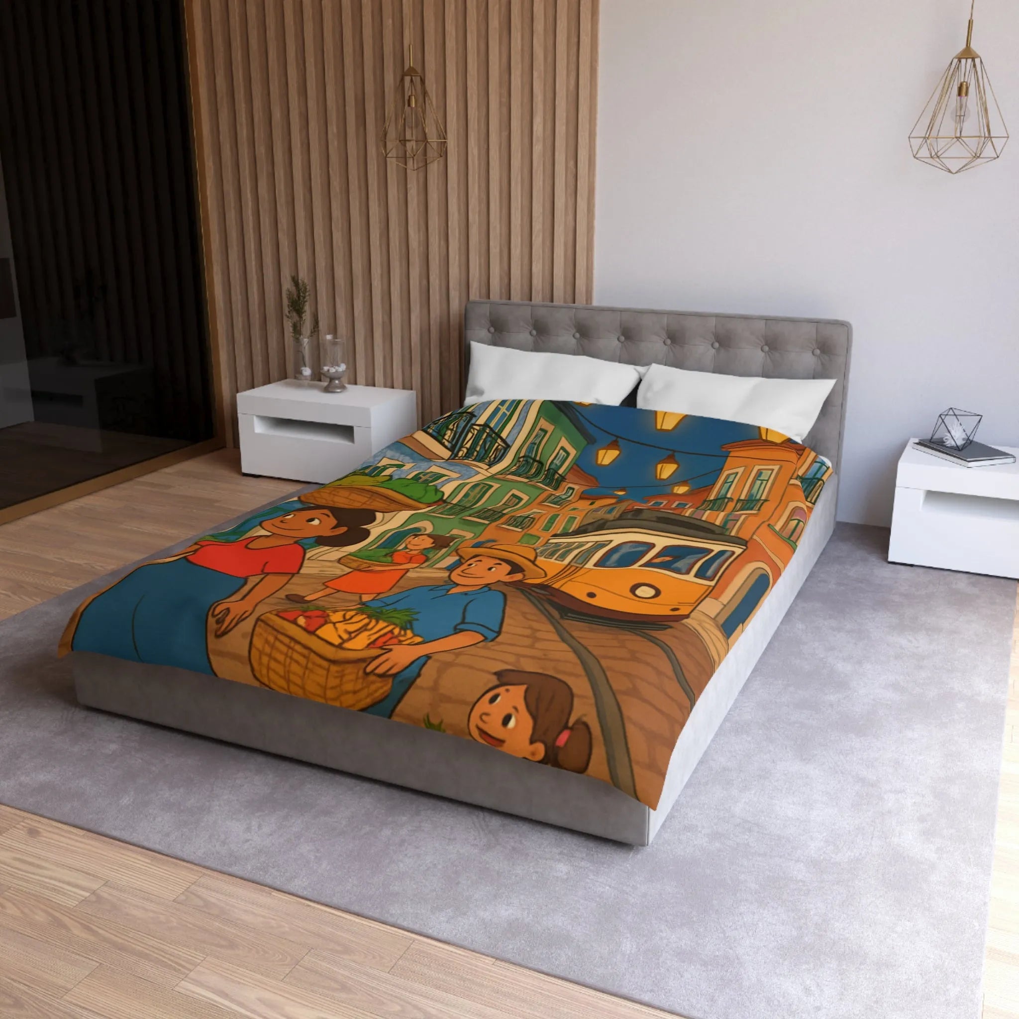 Housse de Couette Colorée Illustrant Scène Vibrante de Rue avec Tramway et Marché