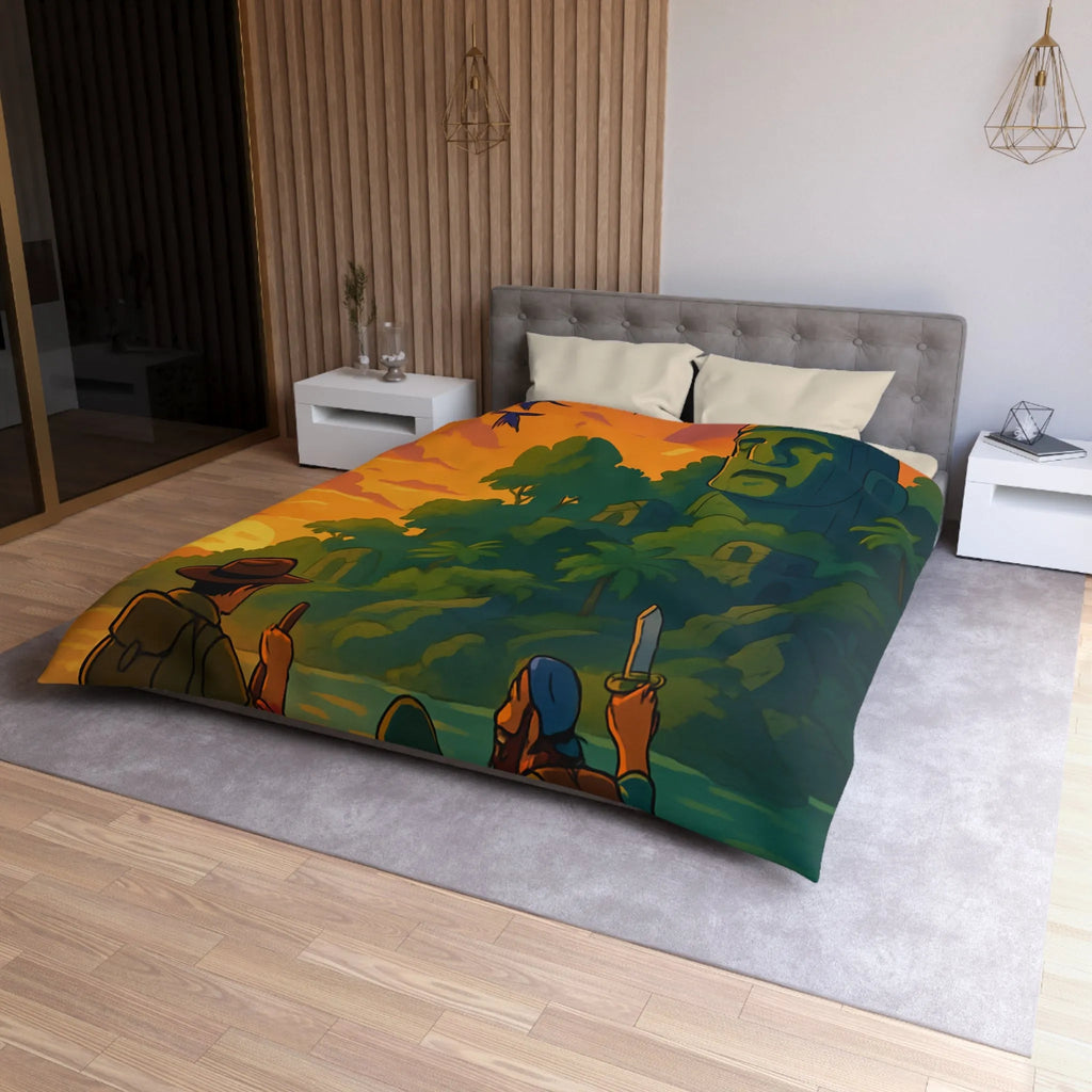 Housse de couette aventureuse avec scène tropicale au coucher du soleil et ruines mystérieuses