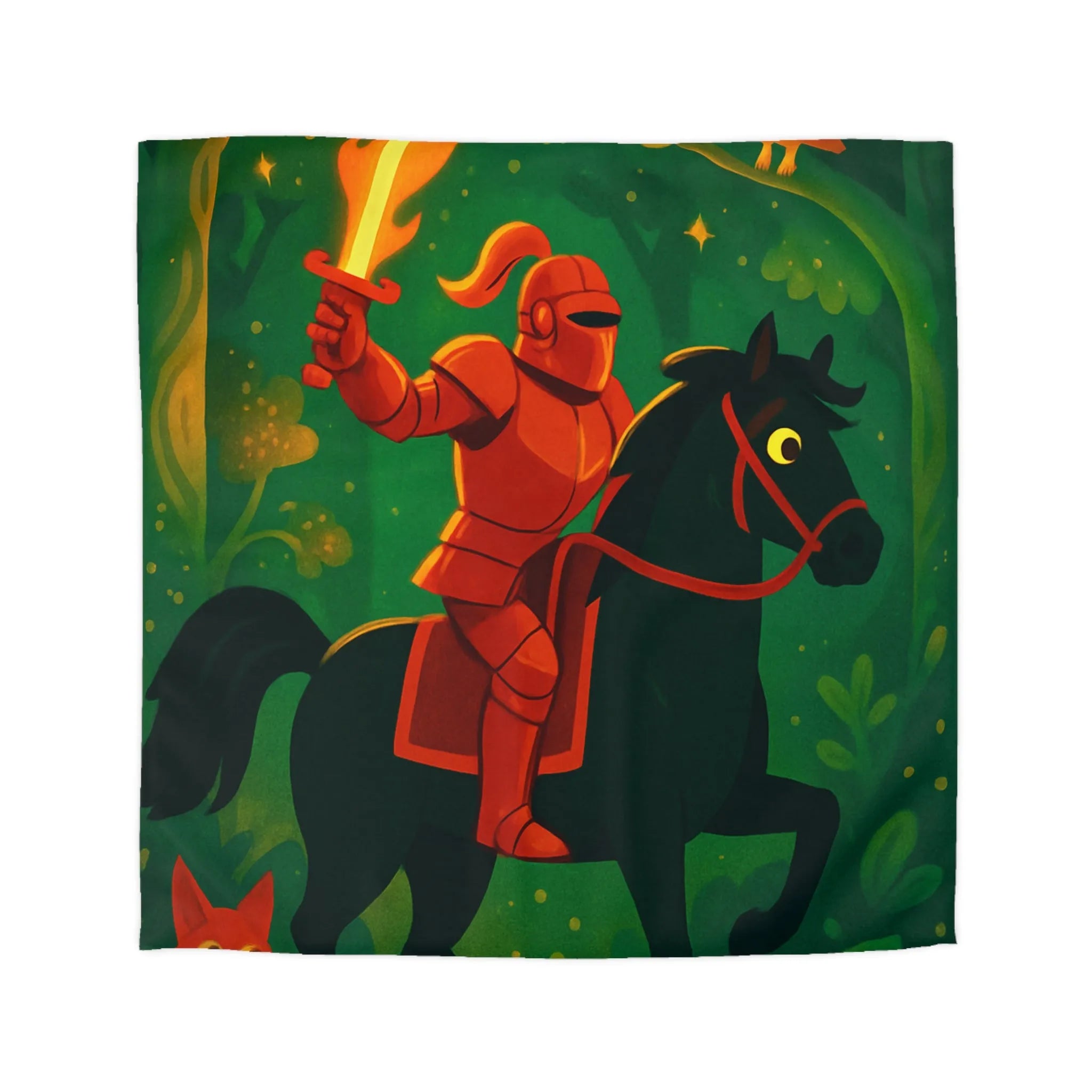Chevalier en Armure Rouge avec Épée Enflammée dans Forêt Enchantée avec Hibou Mystique
