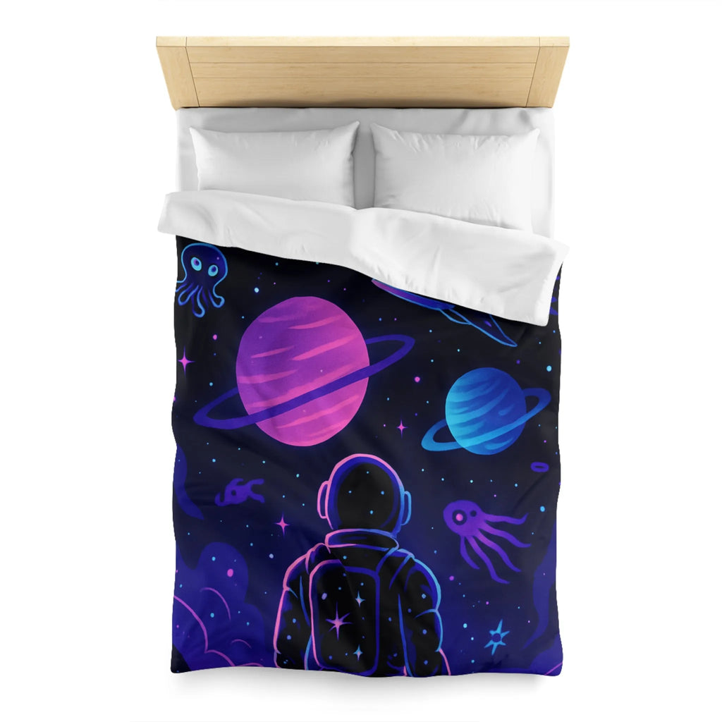 Housse de couette cosmique colorée avec astronaute, planètes et motifs galactiques rêveurs