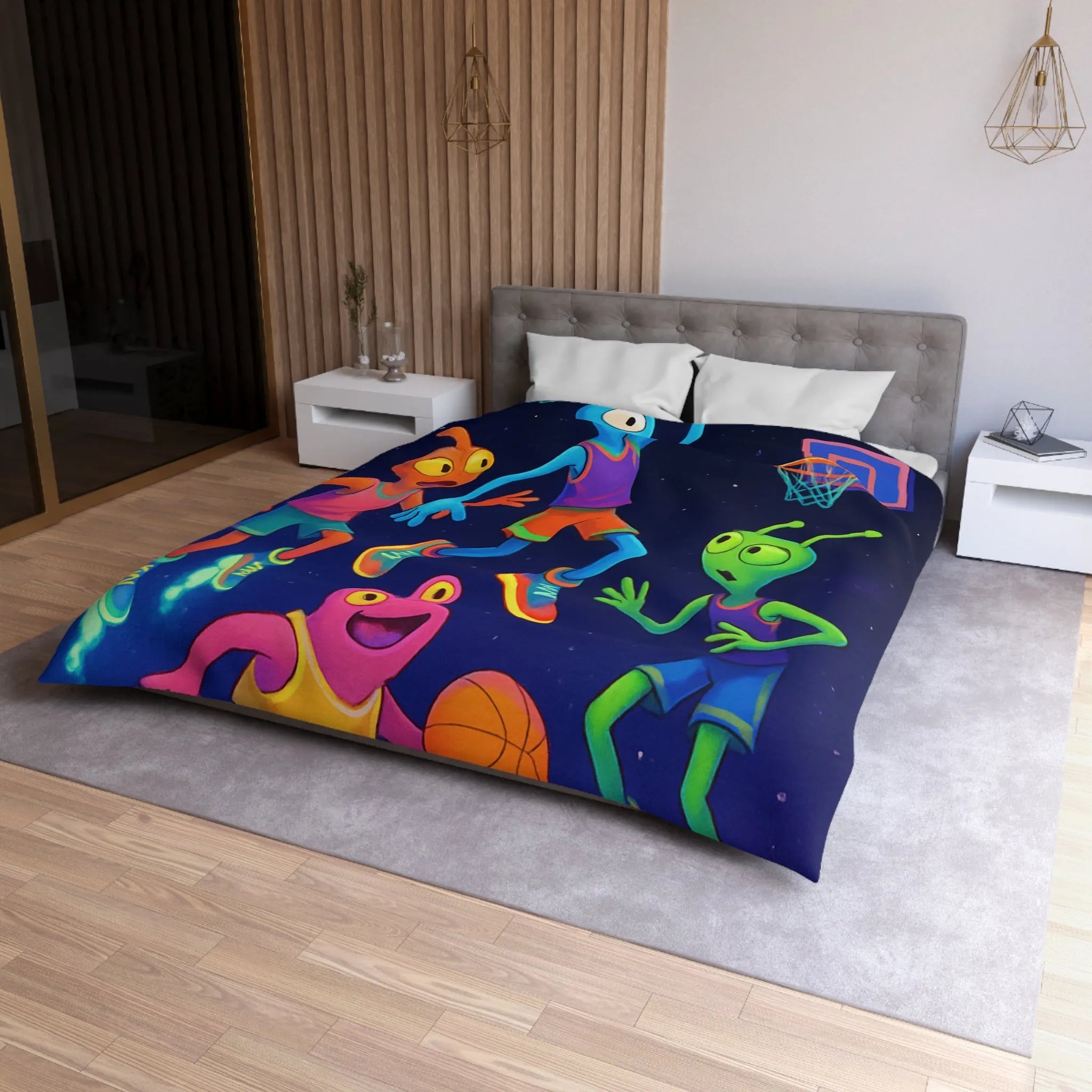 Housse de couette avec extraterrestres jouant au basket, ambiance lumineuse et amusante