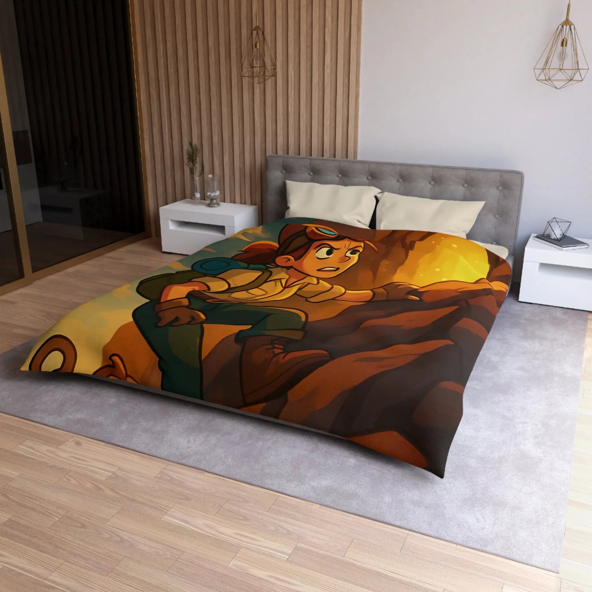 Housse de couette aventure colorée avec jeune explorateur et singe devant grotte lumineuse