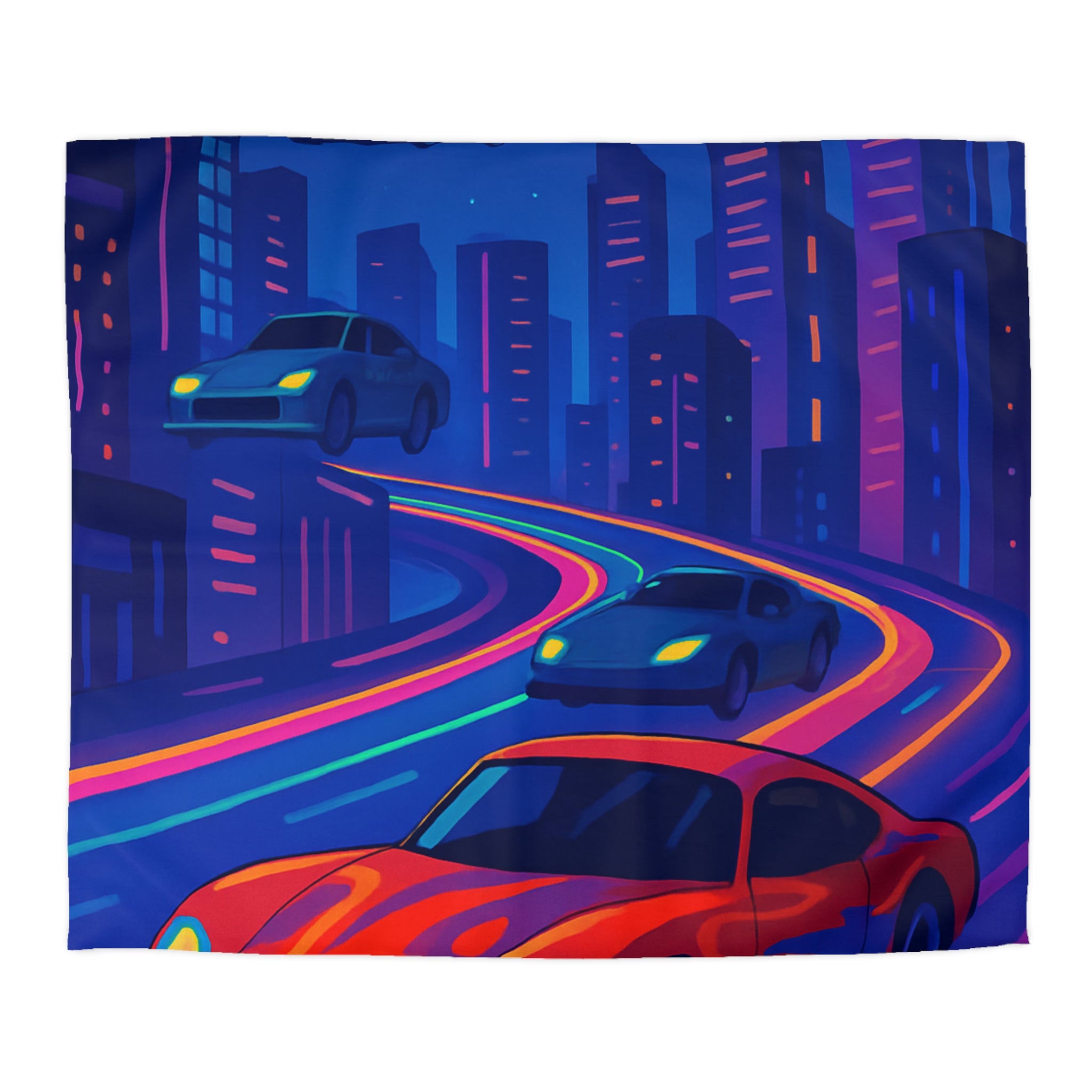 Housse de Couette Ville Futuriste avec Voiture Rouge et Lumières Néon