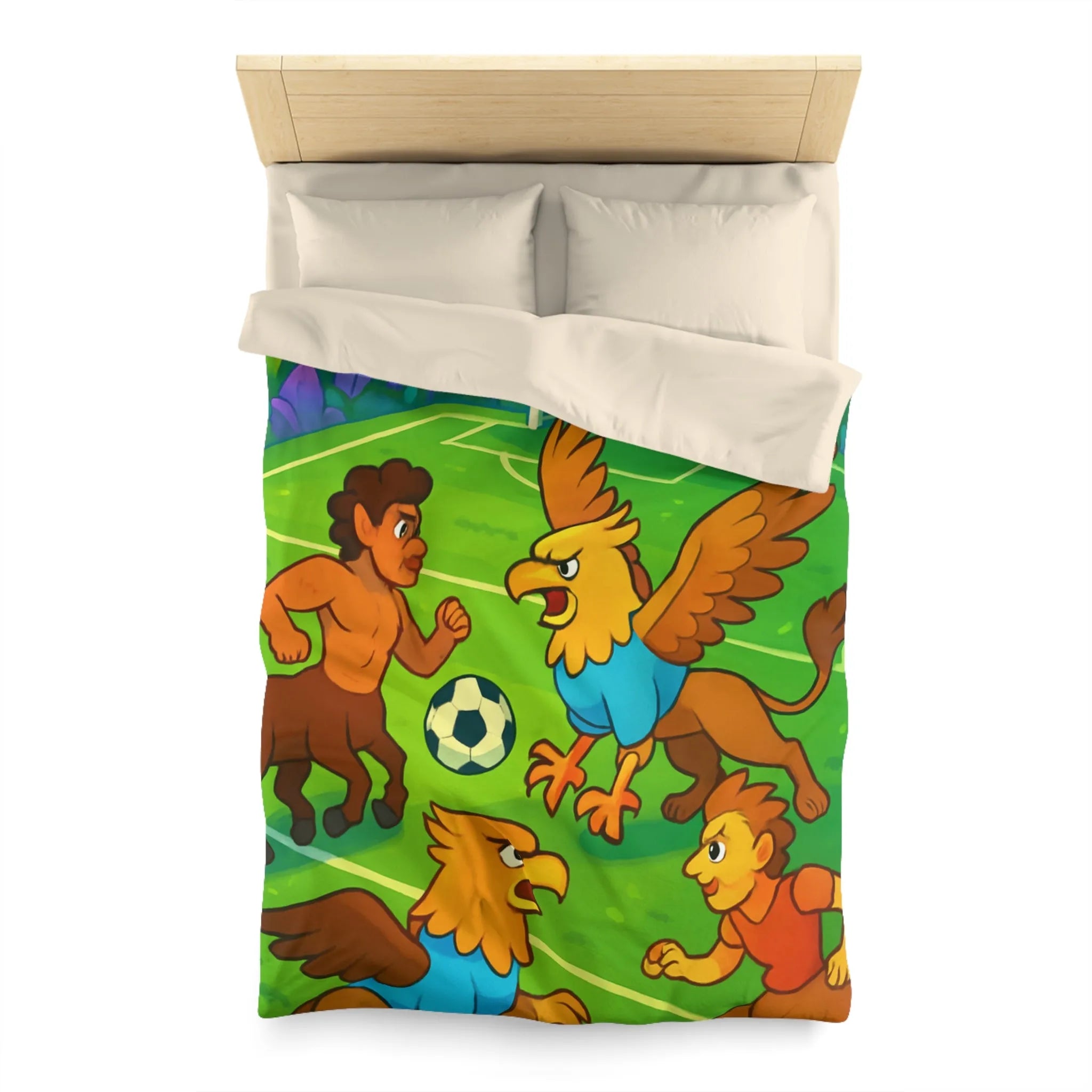Housse de couette football fantastique avec centaures et griffons sur terrain magique