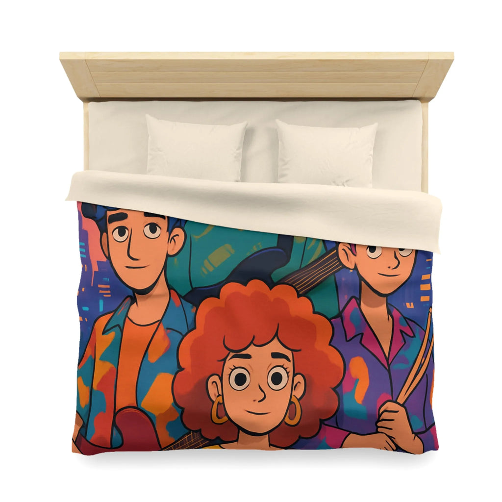 Housse de couette colorée avec groupe de musiciens devant un paysage urbain nocturne
