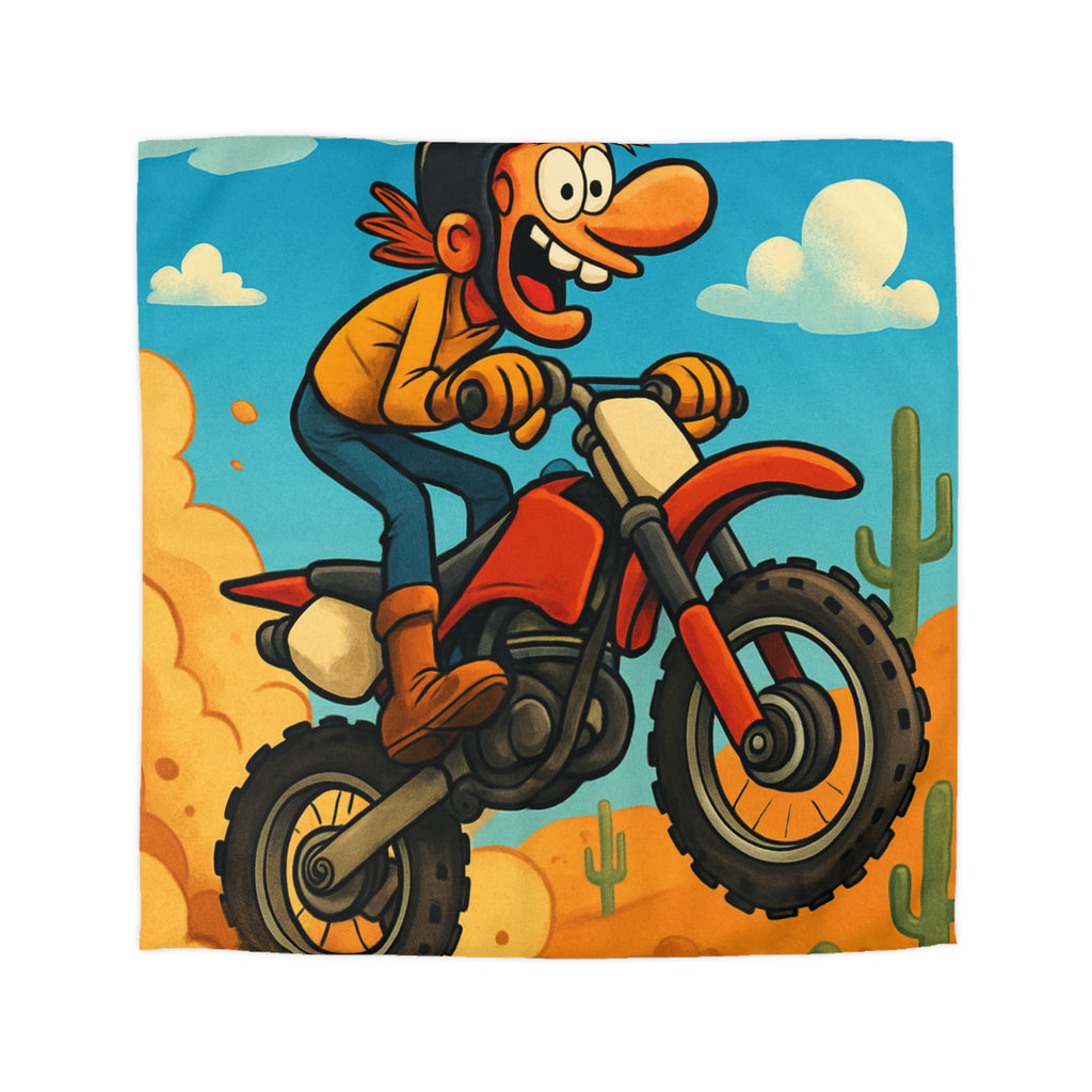 Motard animé sur motocross sautant à travers désert coloré avec cactus et nuages