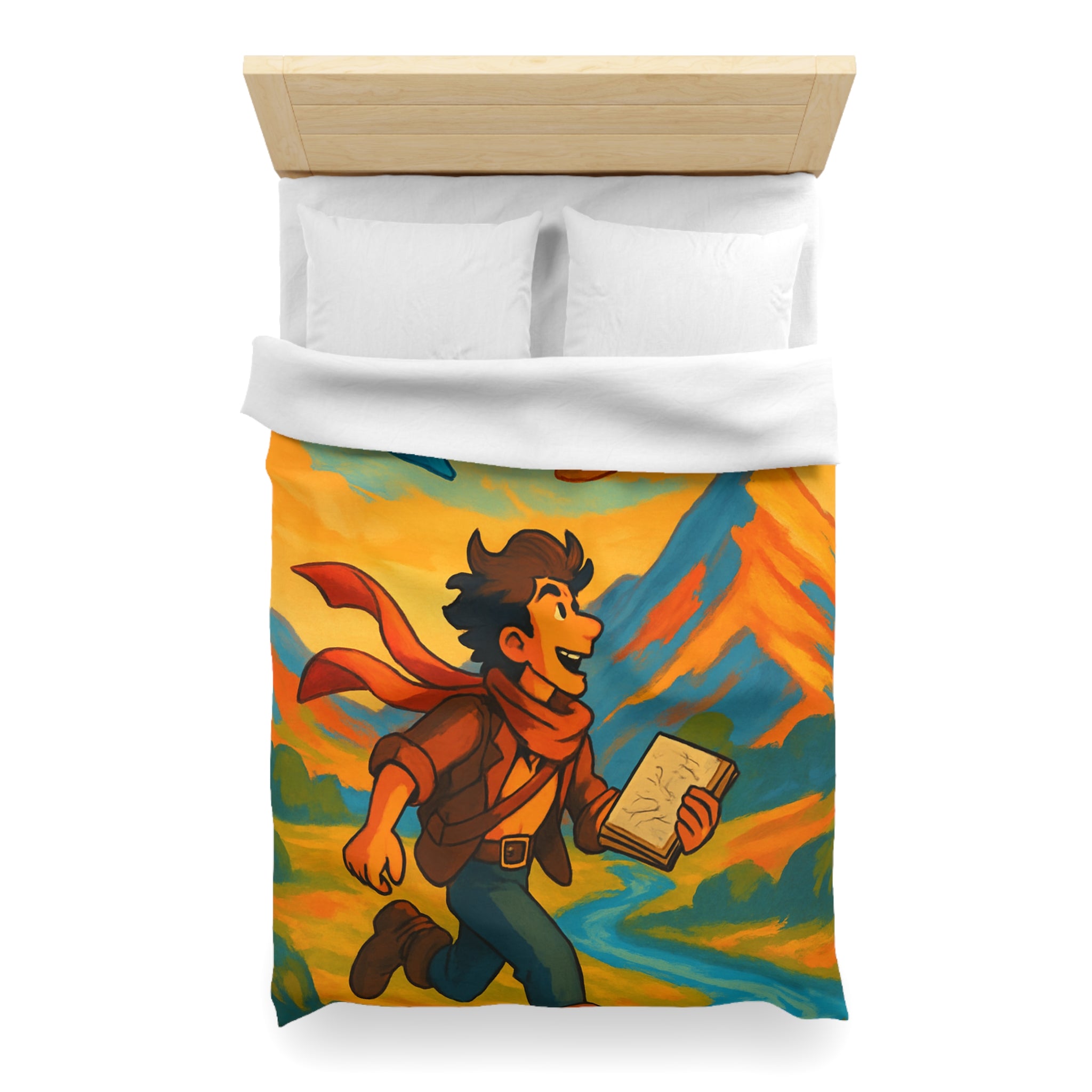 Housse de couette vibrante avec illustration de paysage montagnard et artiste joyeux