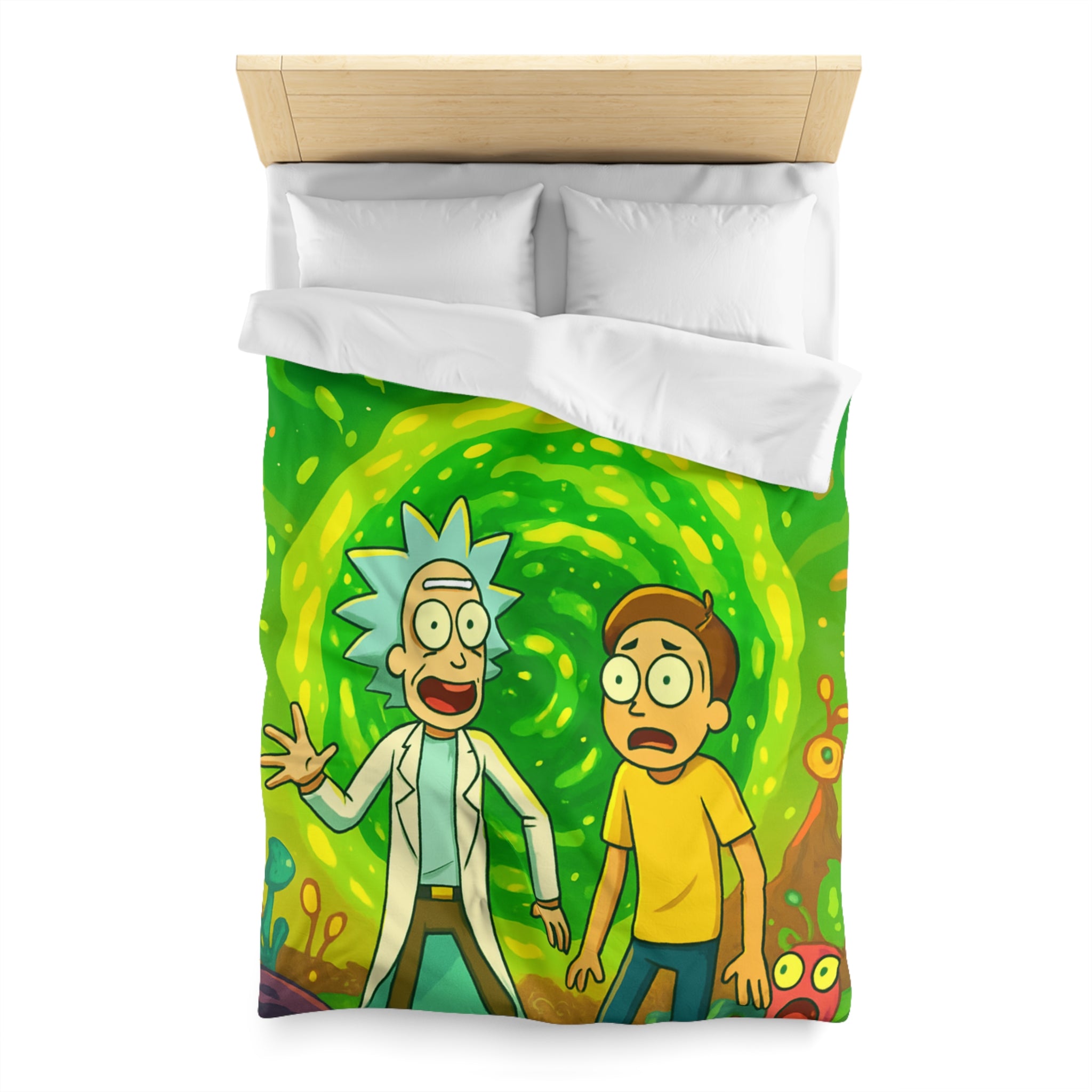 Housse de couette thème dimension aventure verte avec duo explorateur et planète lumineuse