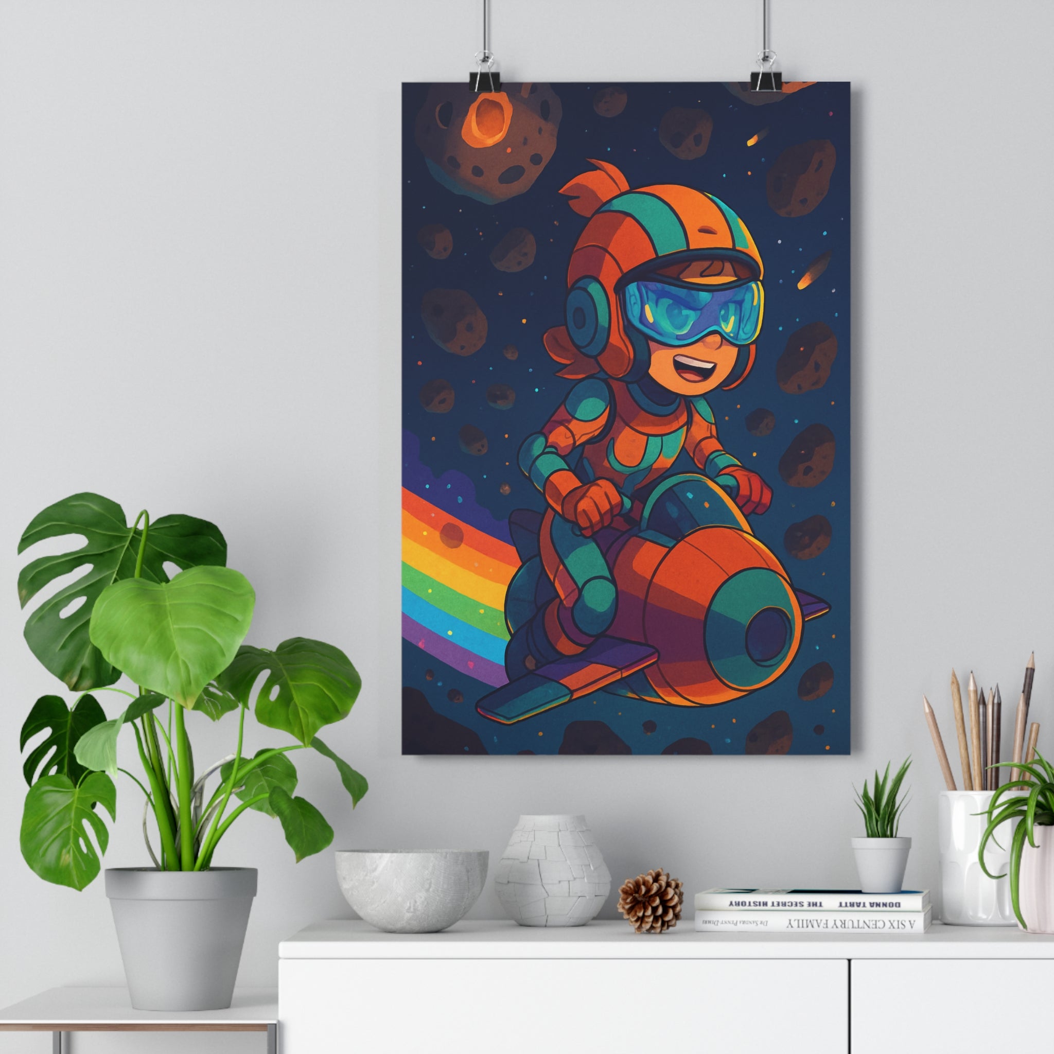 Poster décoratif animation dynamique bleu orange aventure chambre enfant créatif vibrant espace futuriste design