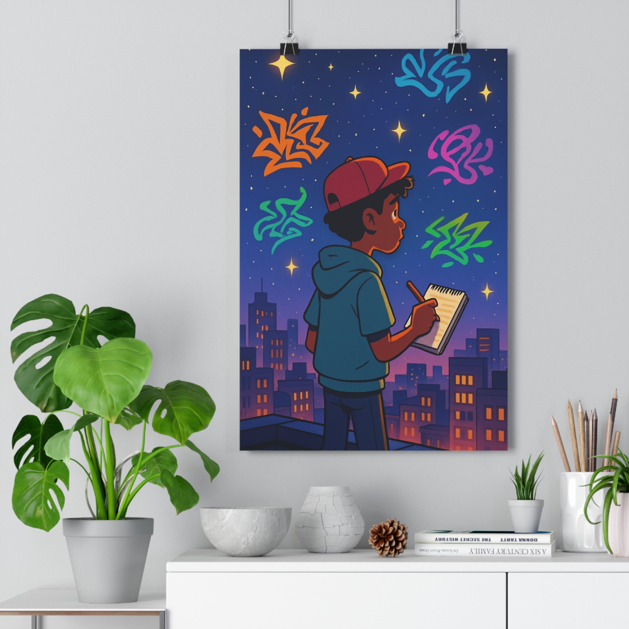 Poster décoratif poétique cartoon bleu vert orange rêveur chambre enfant graffiti urbain lumineux illumination