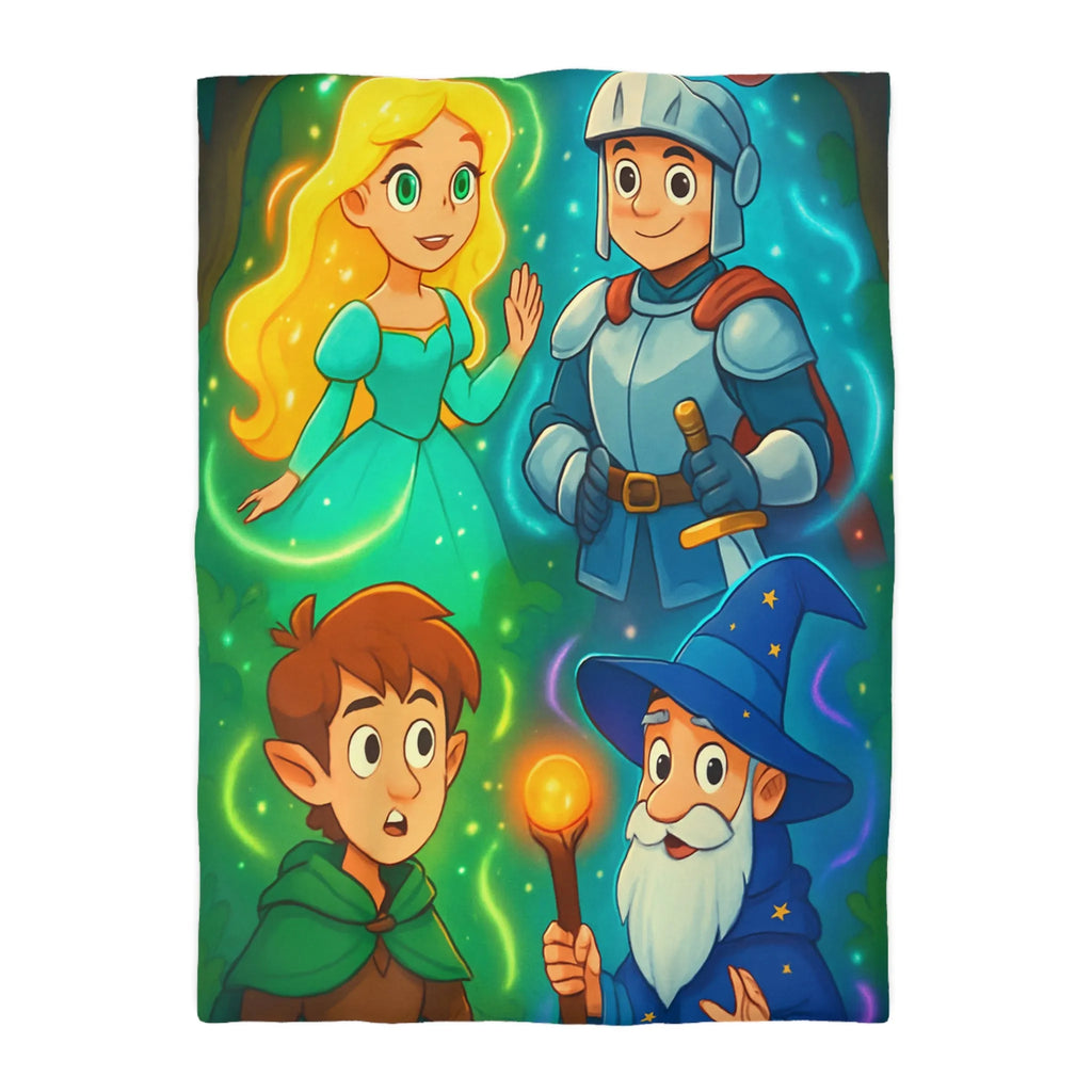 Housse de couette avec chevalier, magicien, princesse et elfes pour chambre enfant