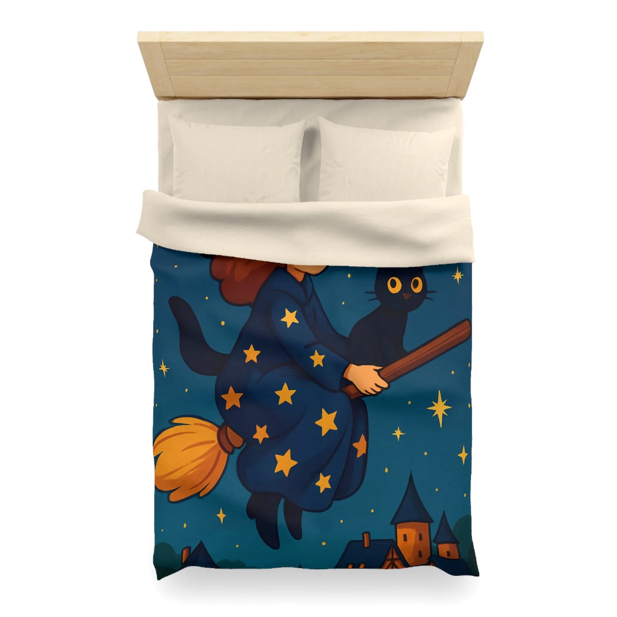 Housse de Couette Enfant Fantaisie Sorcière et Chat Noir sur Balai Nocturne