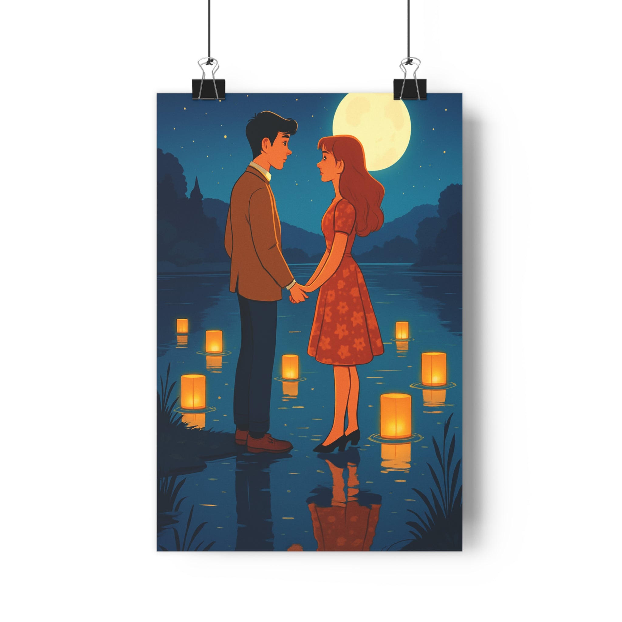 Poster décoratif animé romantique lune lanterne magique ambiance sereine chambre salon 30x46 cm qualité