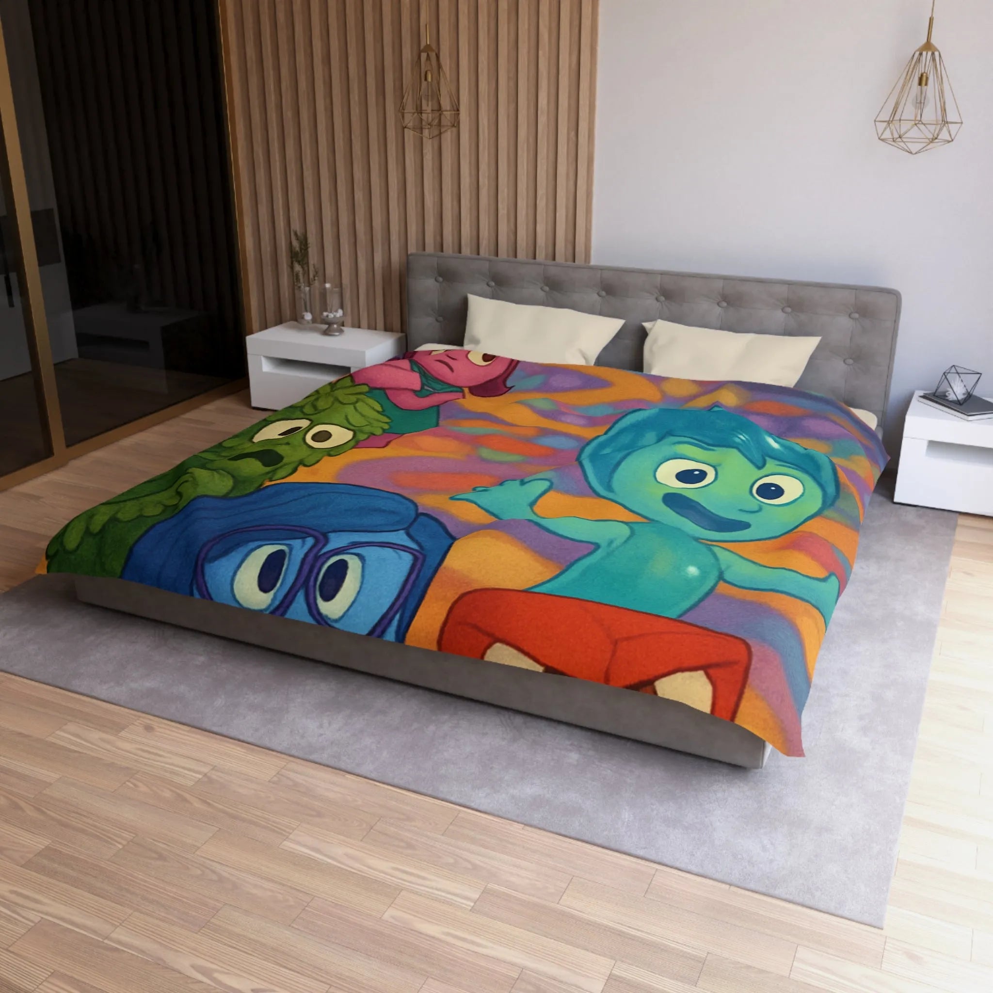 Housse de Couette Colorée avec Personnages Émotionnels dans un Monde Psychédélique de Fantaisie