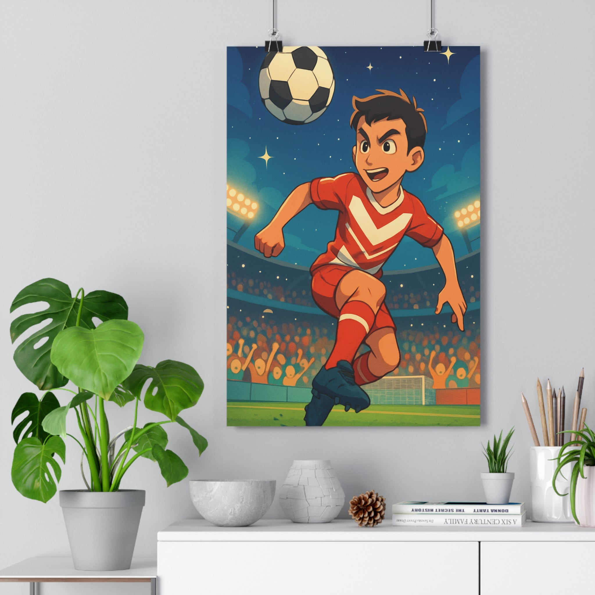 Poster décoratif cartoon football enfant dynamique coloré vibrant chambre joueur terrain sport énergie étoilé