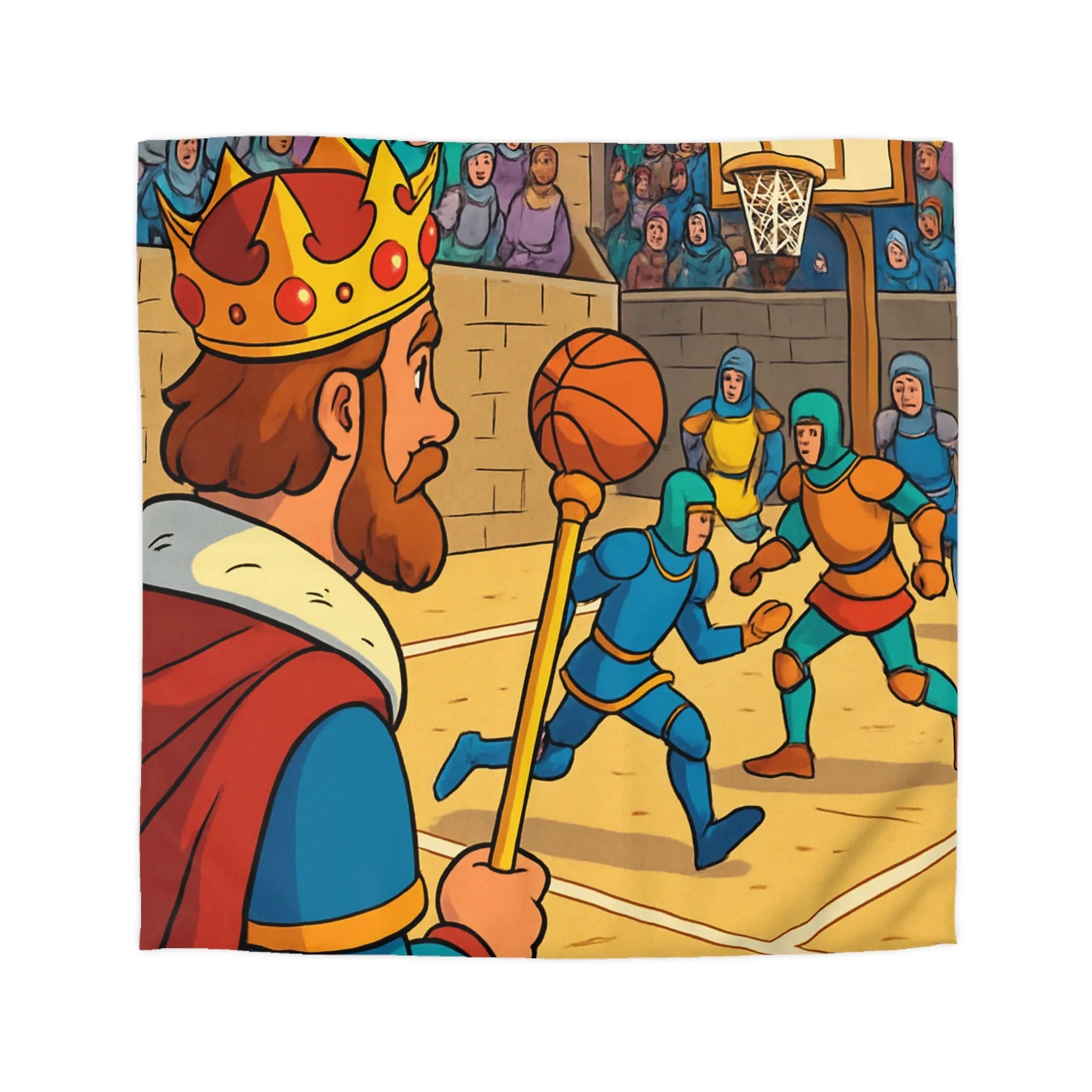 Housse de couette médiévale originale avec chevaliers jouant au basket dans un château