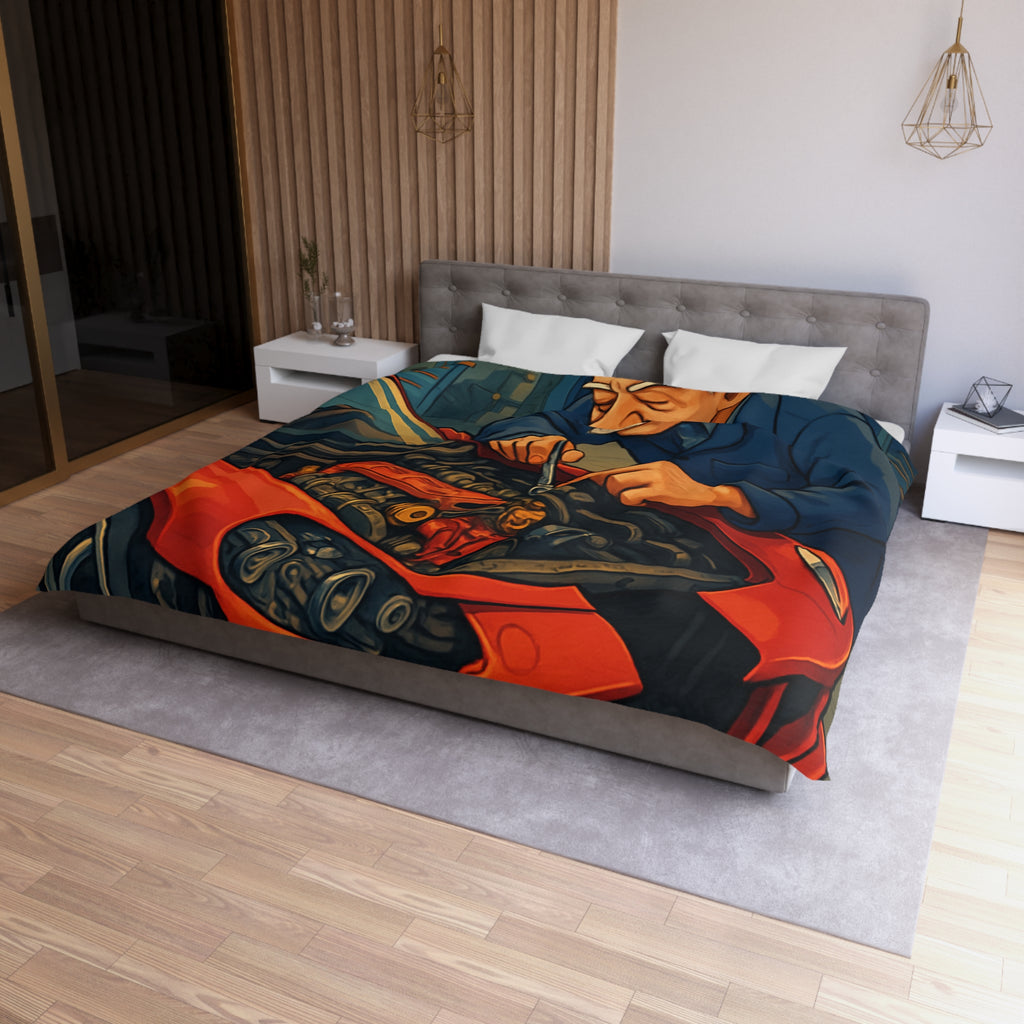 Housse de couette voiture rouge et mécanicien dans garage rétro pour chambre unique