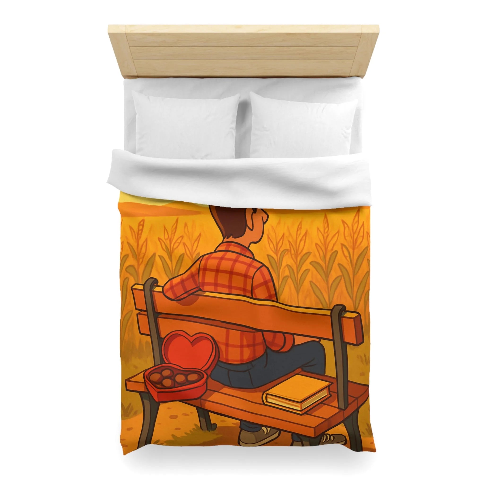 Housse de couette champêtre avec banc en campagne et boîte de chocolats