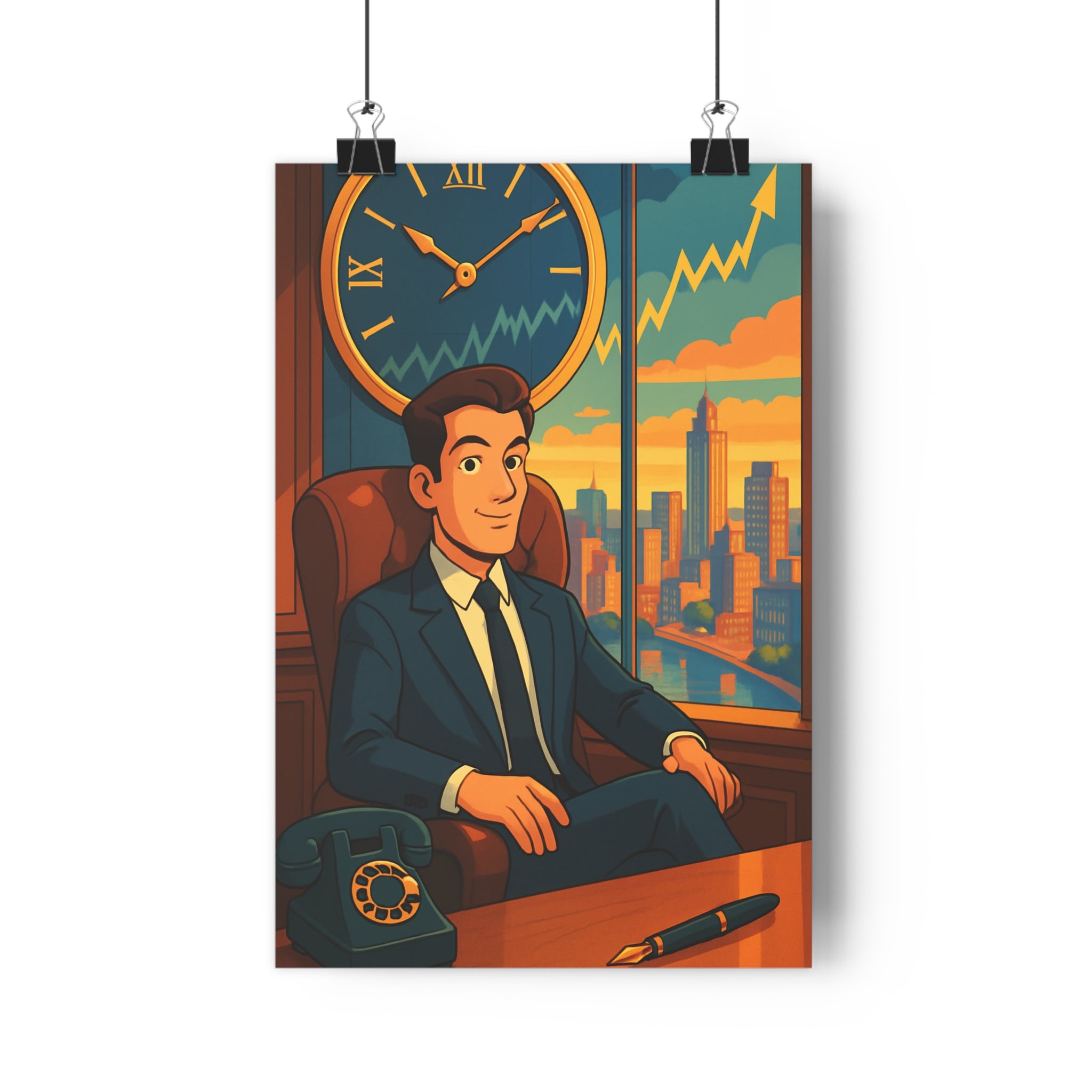 Poster décoratif dessin animé bleu orange bureau élégant dynamique artistique illuminé coucher soleil urbain