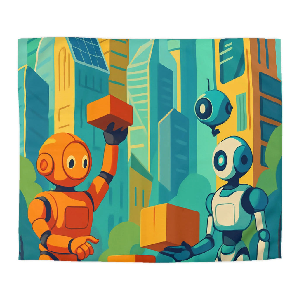 Housse de couette futuriste avec robots colorés dans une ville moderne lumineuse