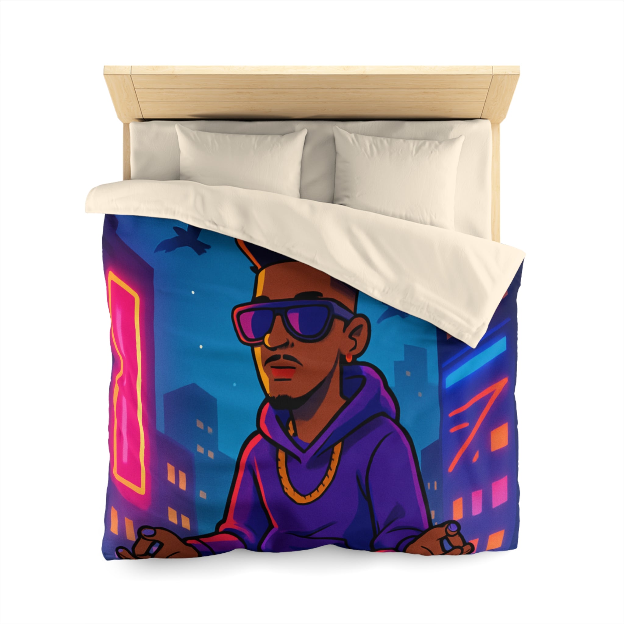 Housse de Couette Représentant Jeune Méditant Sur Toit en Ville, Pleine Lune Derrière