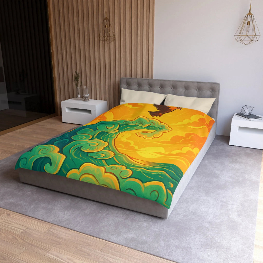 Housse de couette artistique avec vague stylisée et aigle en vol au coucher du soleil