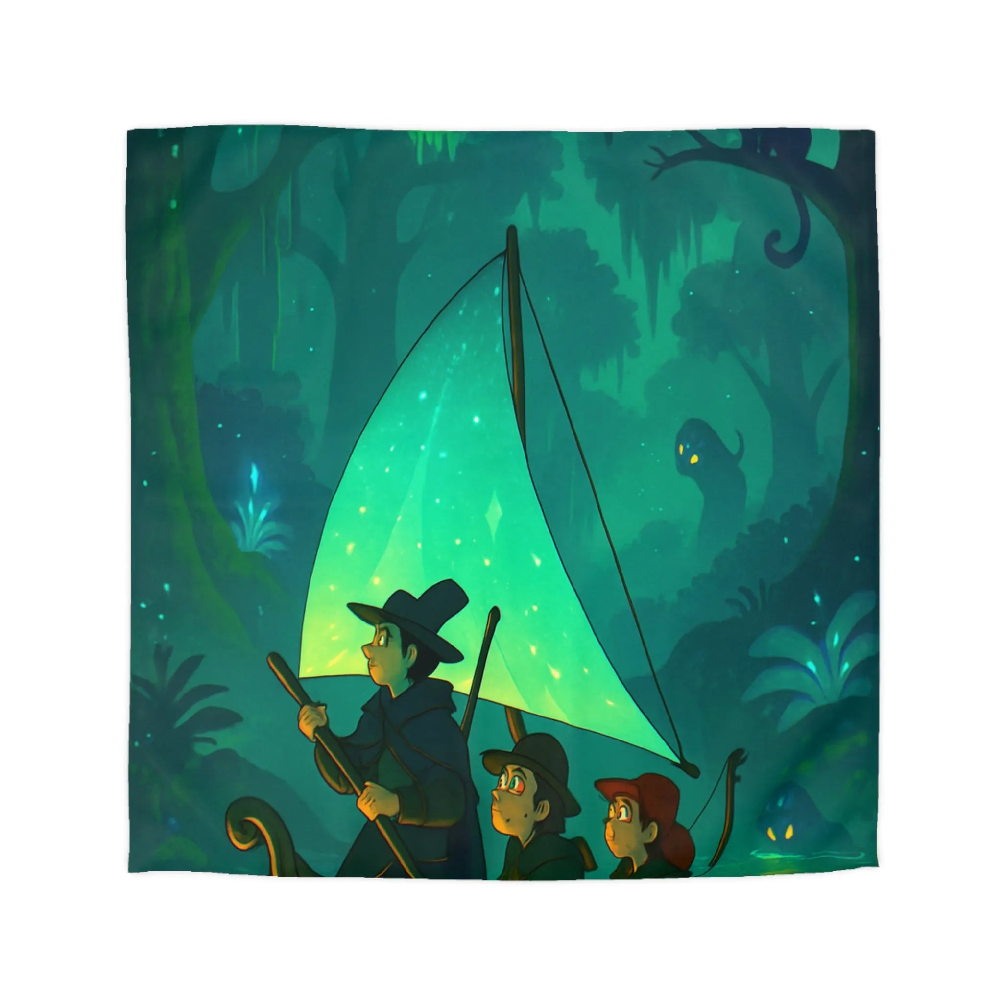 Explorez l'univers magique d'un marais mystérieux avec bateau et personnages colorés