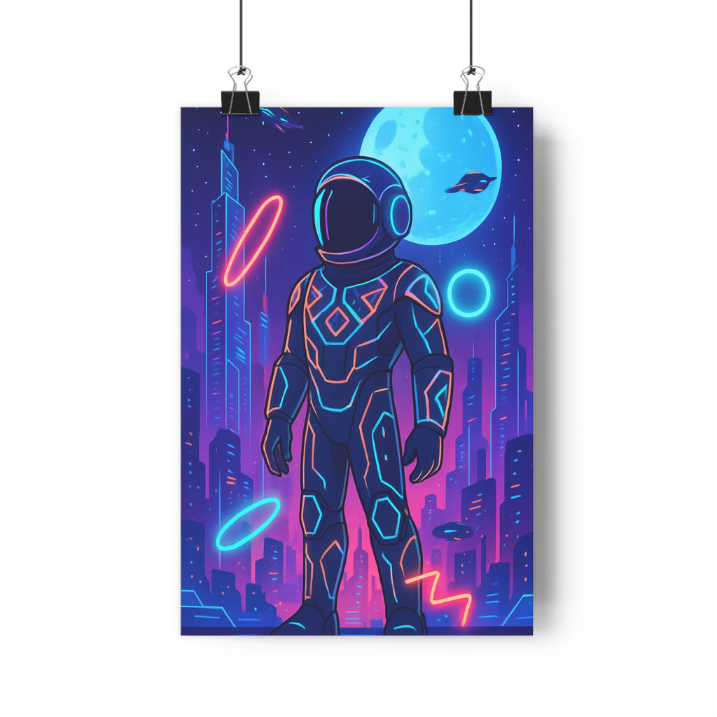 Poster décoratif astronaute futuriste bleu violet néon urbain mystère bureau moderne dynamique lumières étoiles