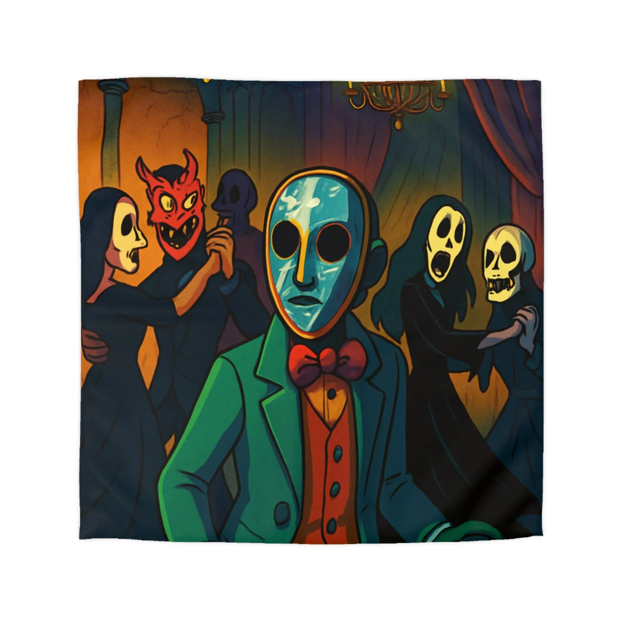 Housse de couette Halloween Bal masqué sombre, masques effrayants, ambiance mystérieuse unique