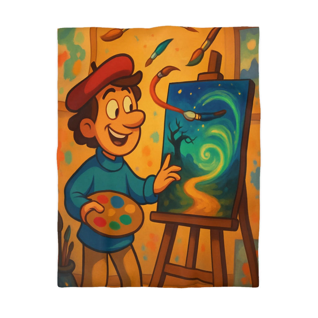 Housse de Couette Colorée avec Peintre Joyeux et Peinture Tourbillonnante Étoilée et Mystique