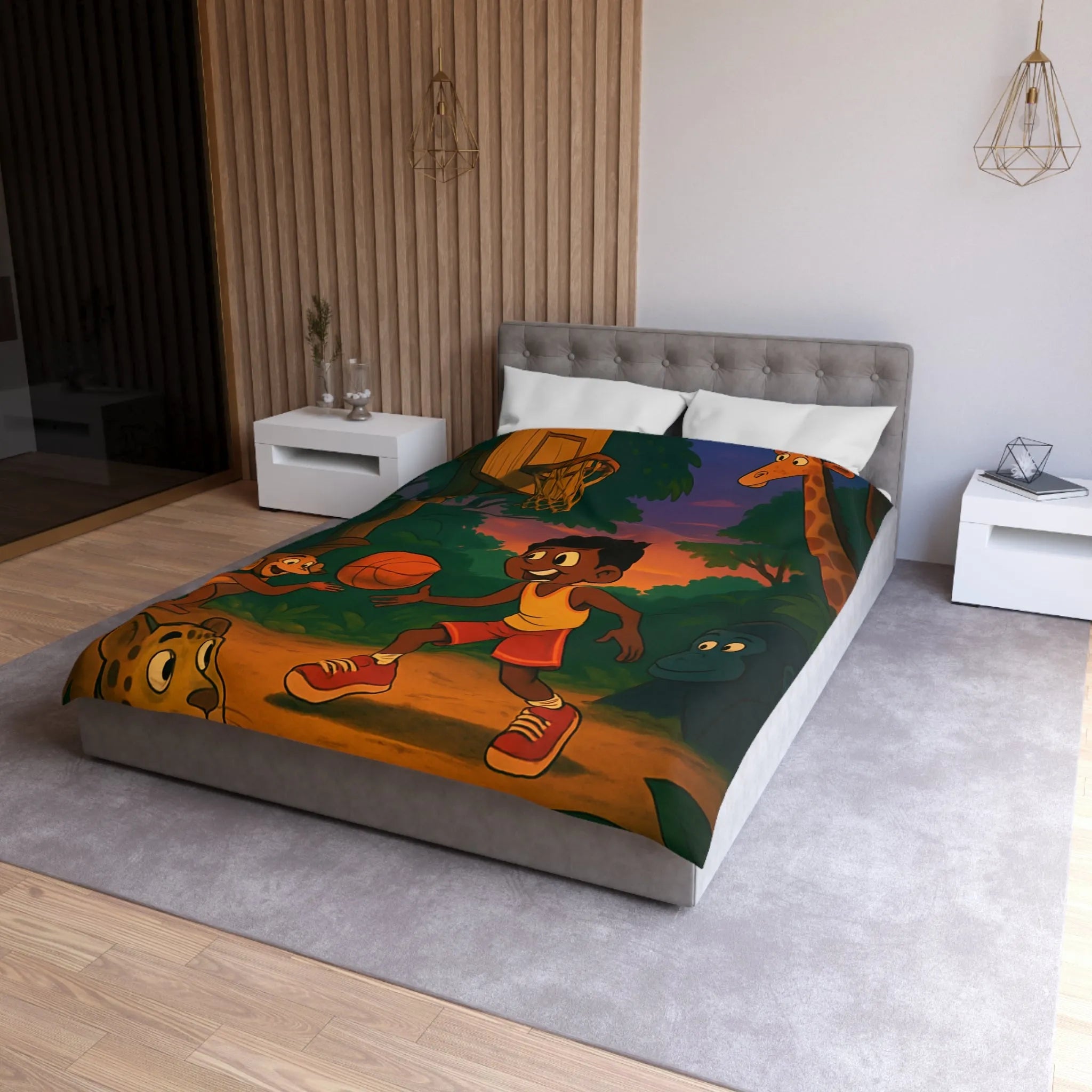 Housse de couette enfant jungle colorée avec garçon jouant au basket et animaux amusants