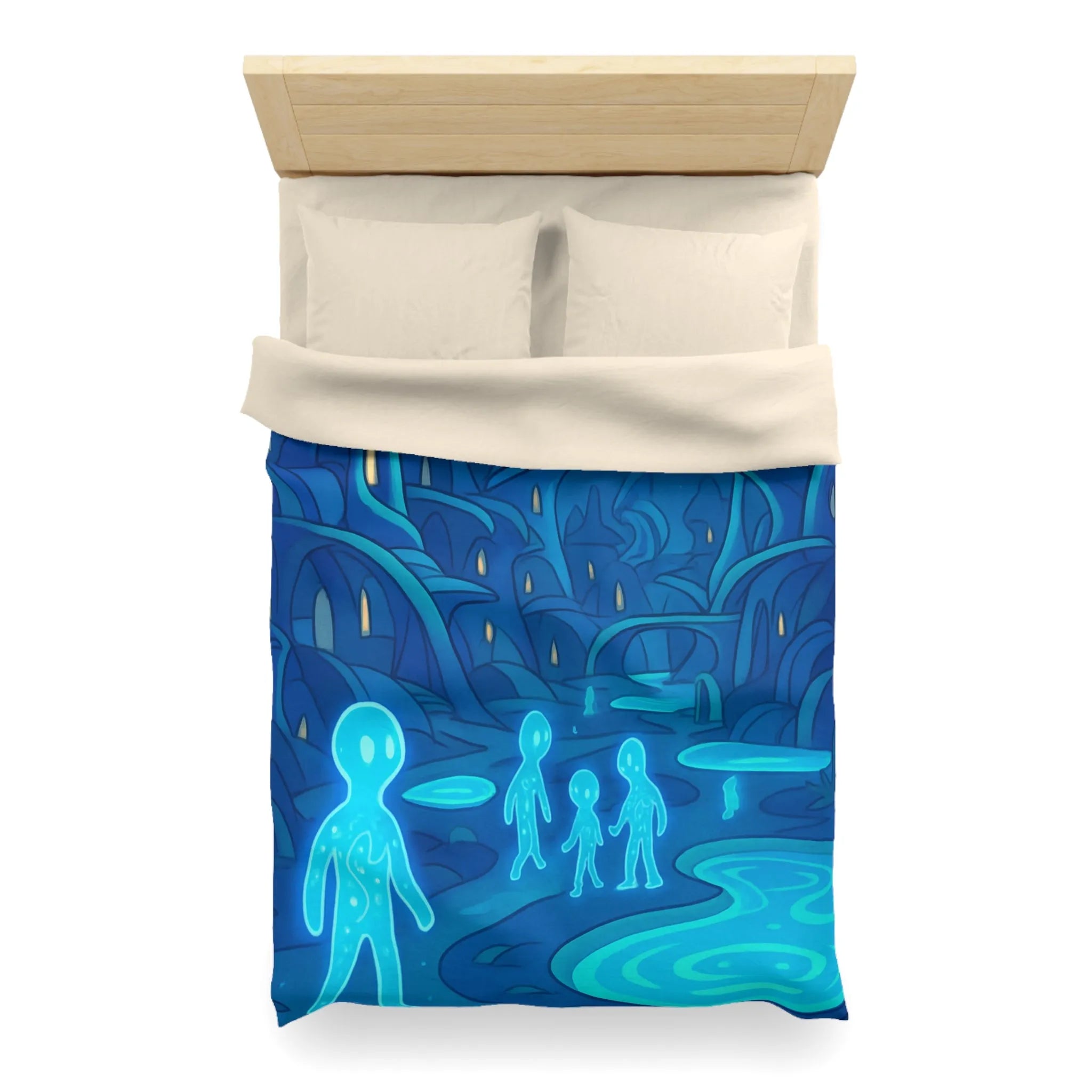 Housse de couette fantastique avec paysage extraterrestre, créatures lumineuses et lune mystique