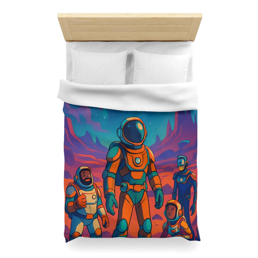 Housse de couette avec des astronautes et formes géométriques sous ciel étoilé coloré