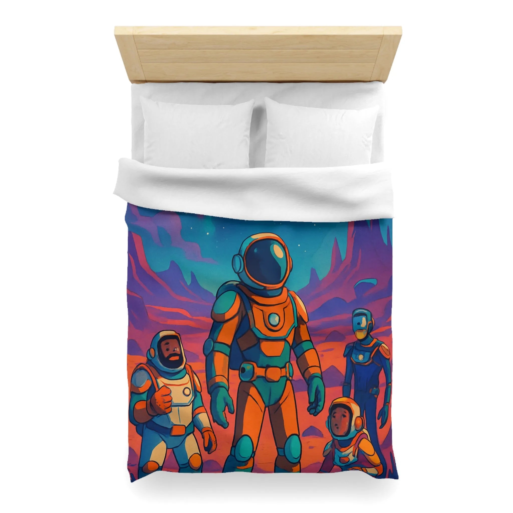 Housse de couette avec des astronautes et formes géométriques sous ciel étoilé coloré