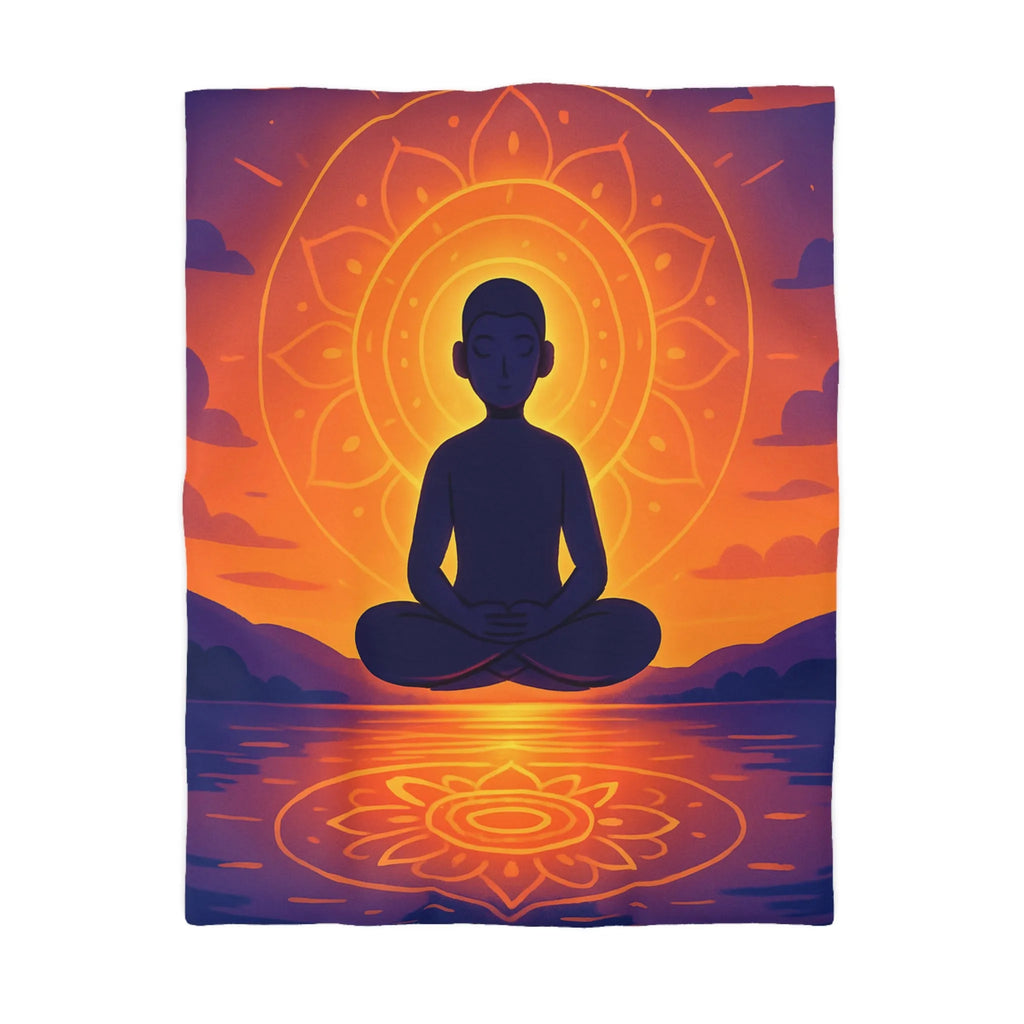 Housse de couette méditation silhouette au coucher de soleil avec reflet mandala lumineux