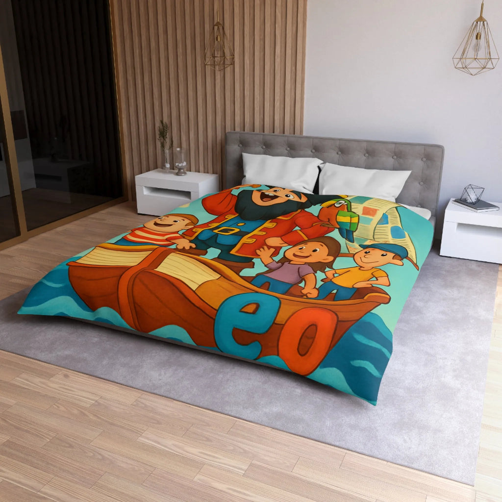 Housse de couette enfant pirate avec voyelles, perroquet et mer colorée