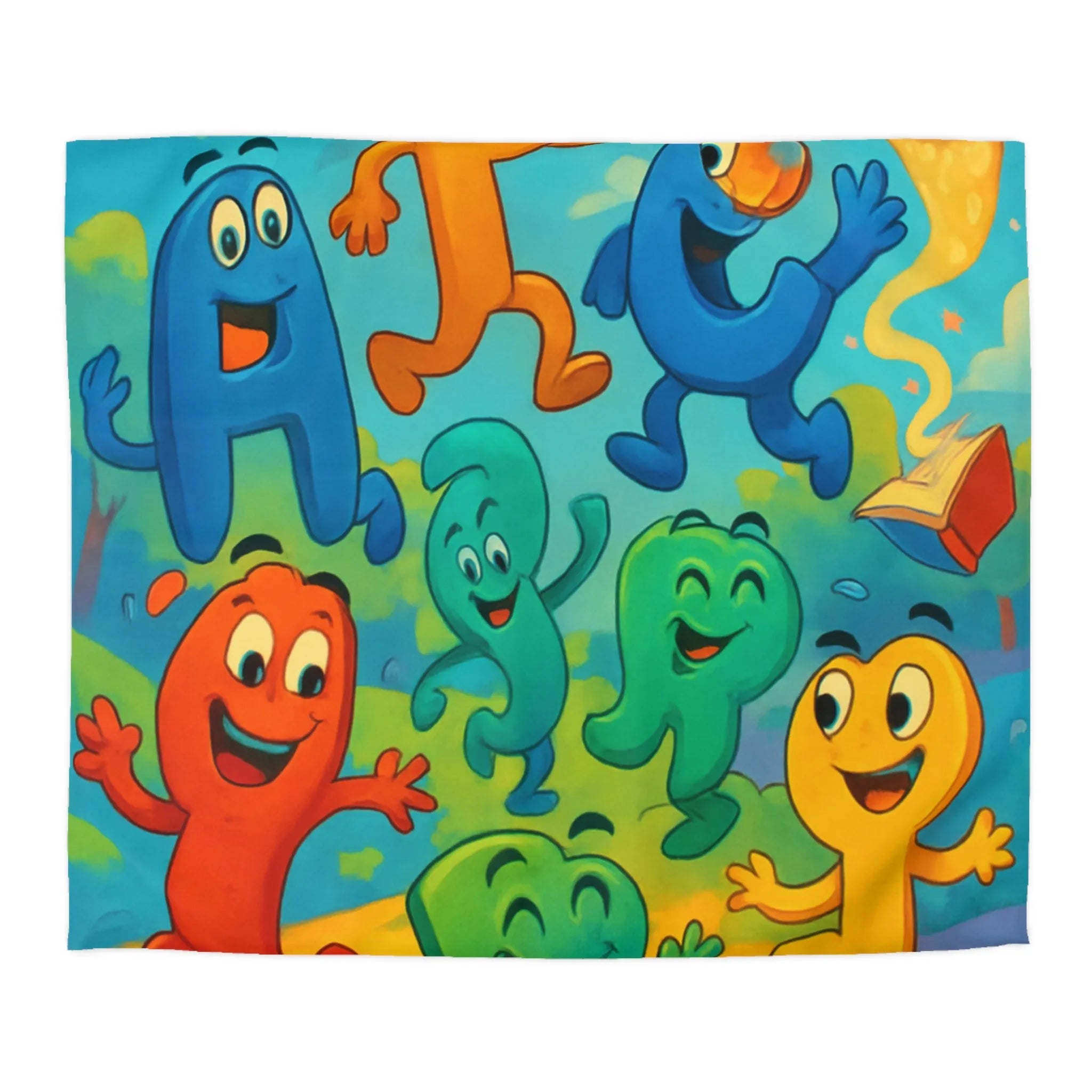 Housse de couette colorée avec lettres animées dans un paysage ludique et éducatif