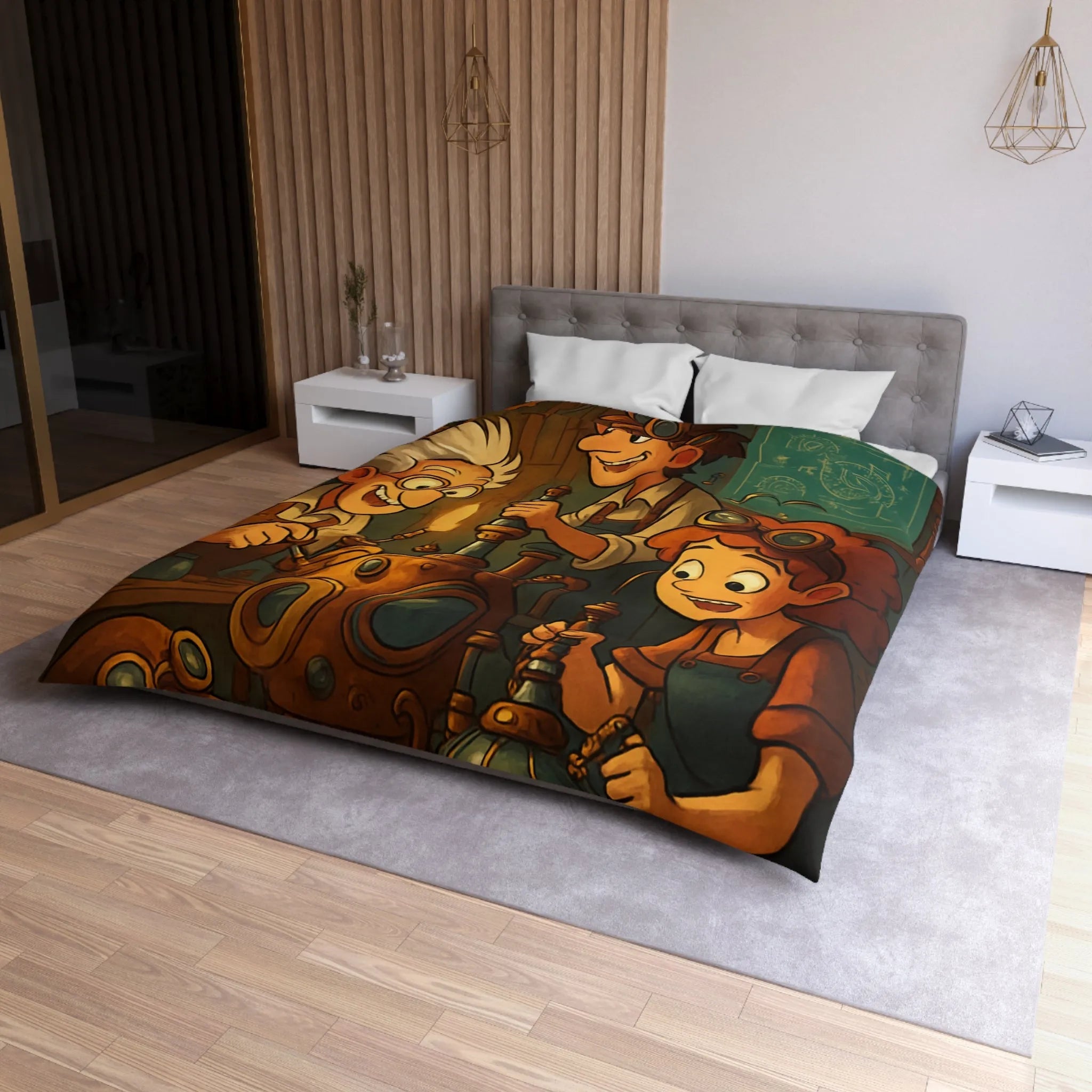 Housse de couette illustrée steampunk avec personnages inventeurs et machines dans atelier