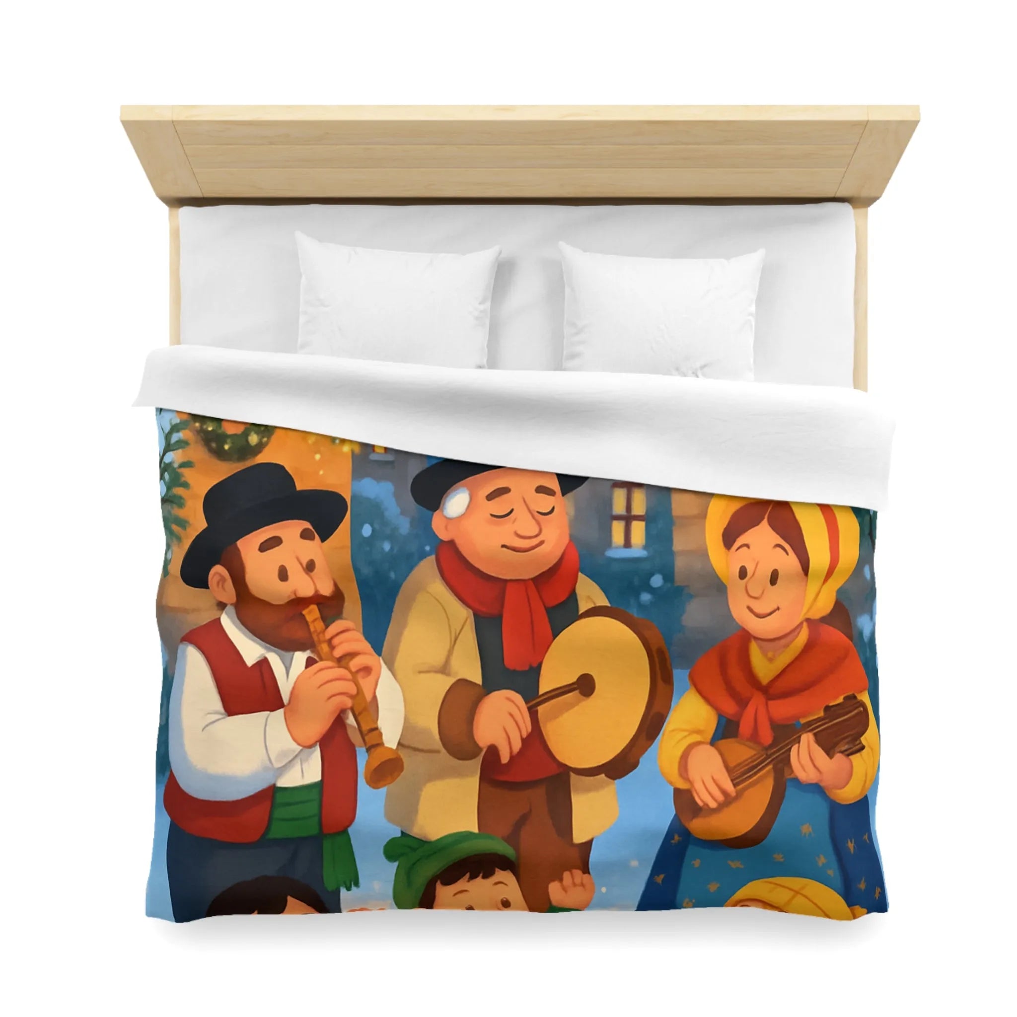 Housse de couette festive avec village enneigé et musiciens pendant l’hiver joyeux