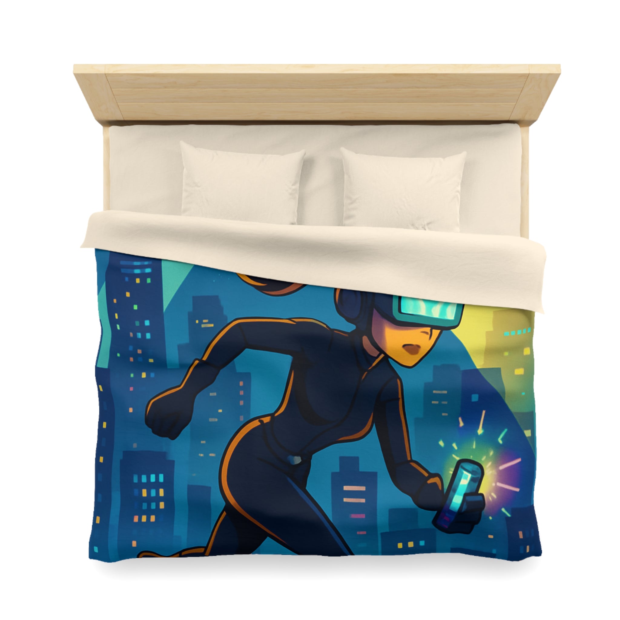 Housse de couette moderne avec motif de ville et personnage futuriste en action