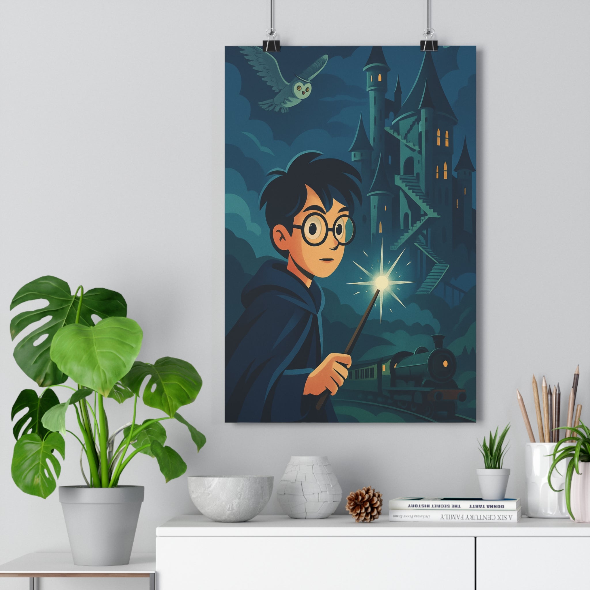 Poster décoratif sorcier magique bleu jaune cartoon mystique enfant chambre aventure 30x46 hibou mystérieux