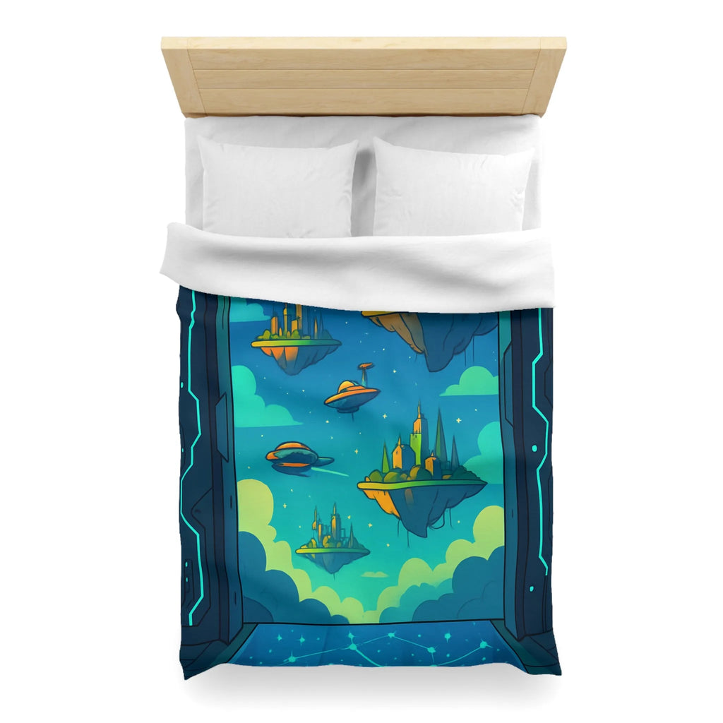 Housse de couette futuriste avec cités flottantes sous ciel étoilé et vaisseaux spatiaux
