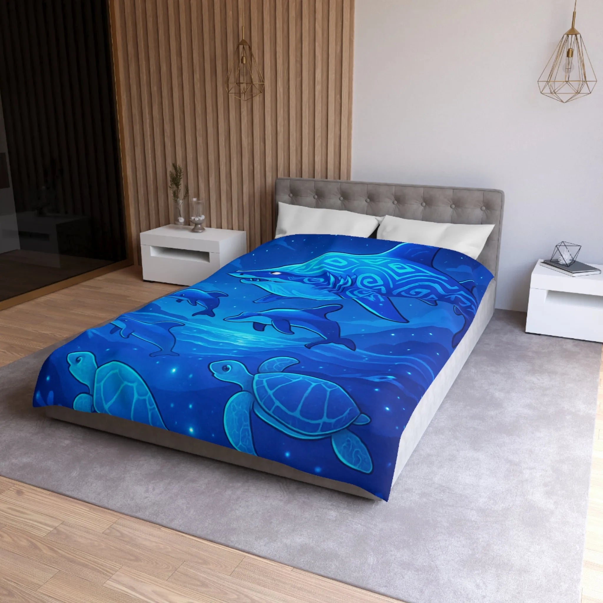 Housse de couette artistique océan avec requin, dauphins et tortues pour relaxation ultime