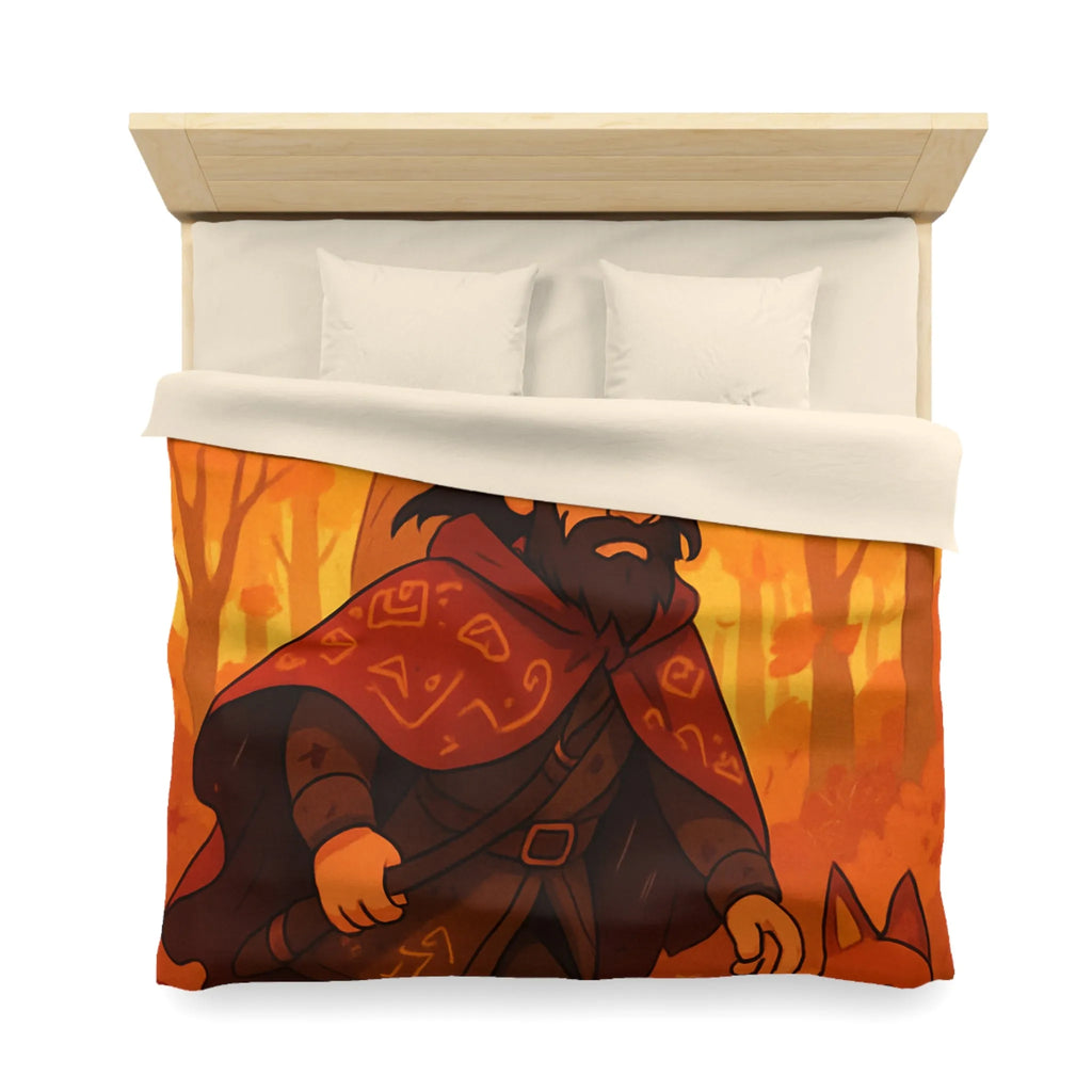 Housse de Couette Artistique avec Forêt Mystique d'Automne, Homme Barbu et Animaux Joyeux