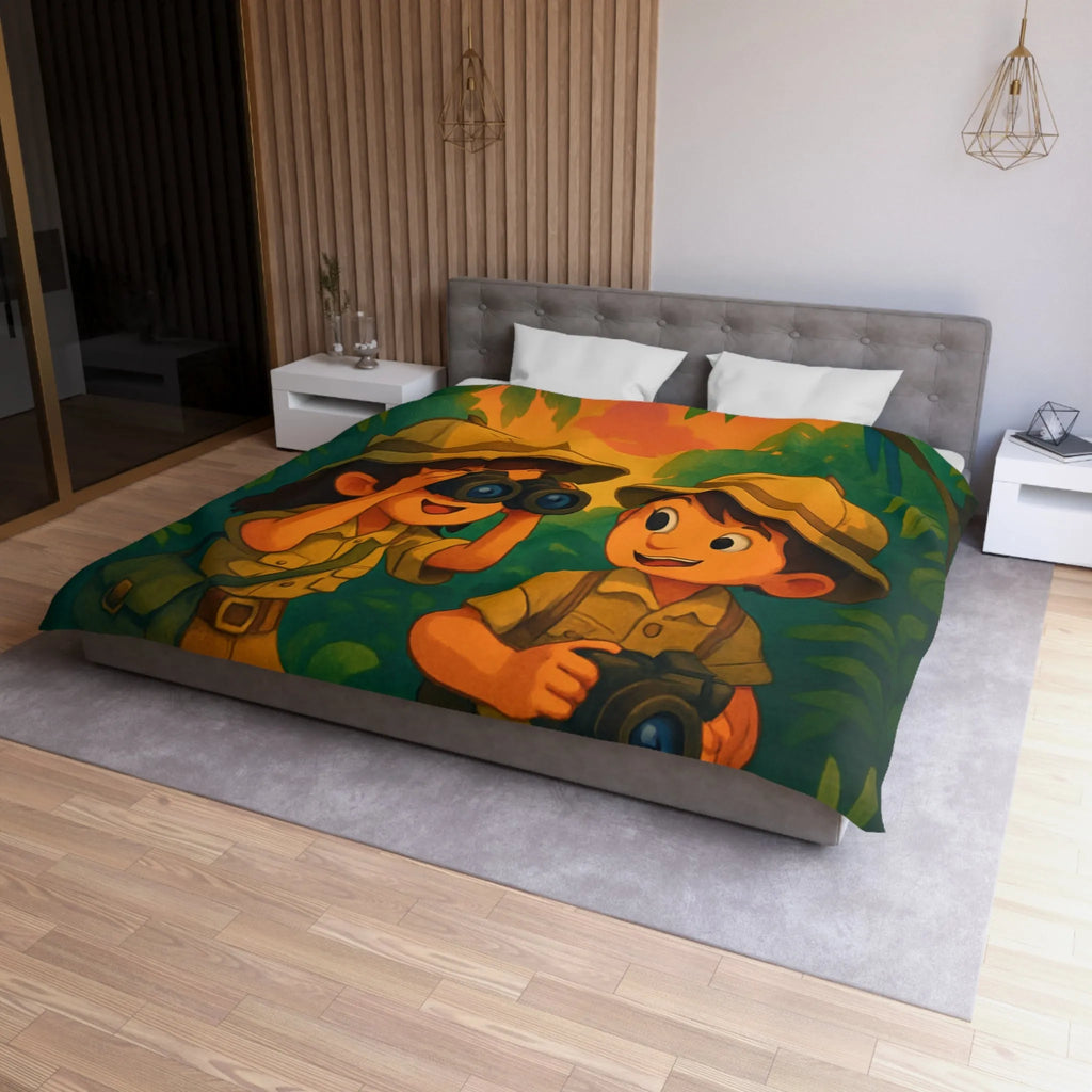 Housse de couette jungle colorée avec enfants explorateurs, perroquet et éléphant mignon