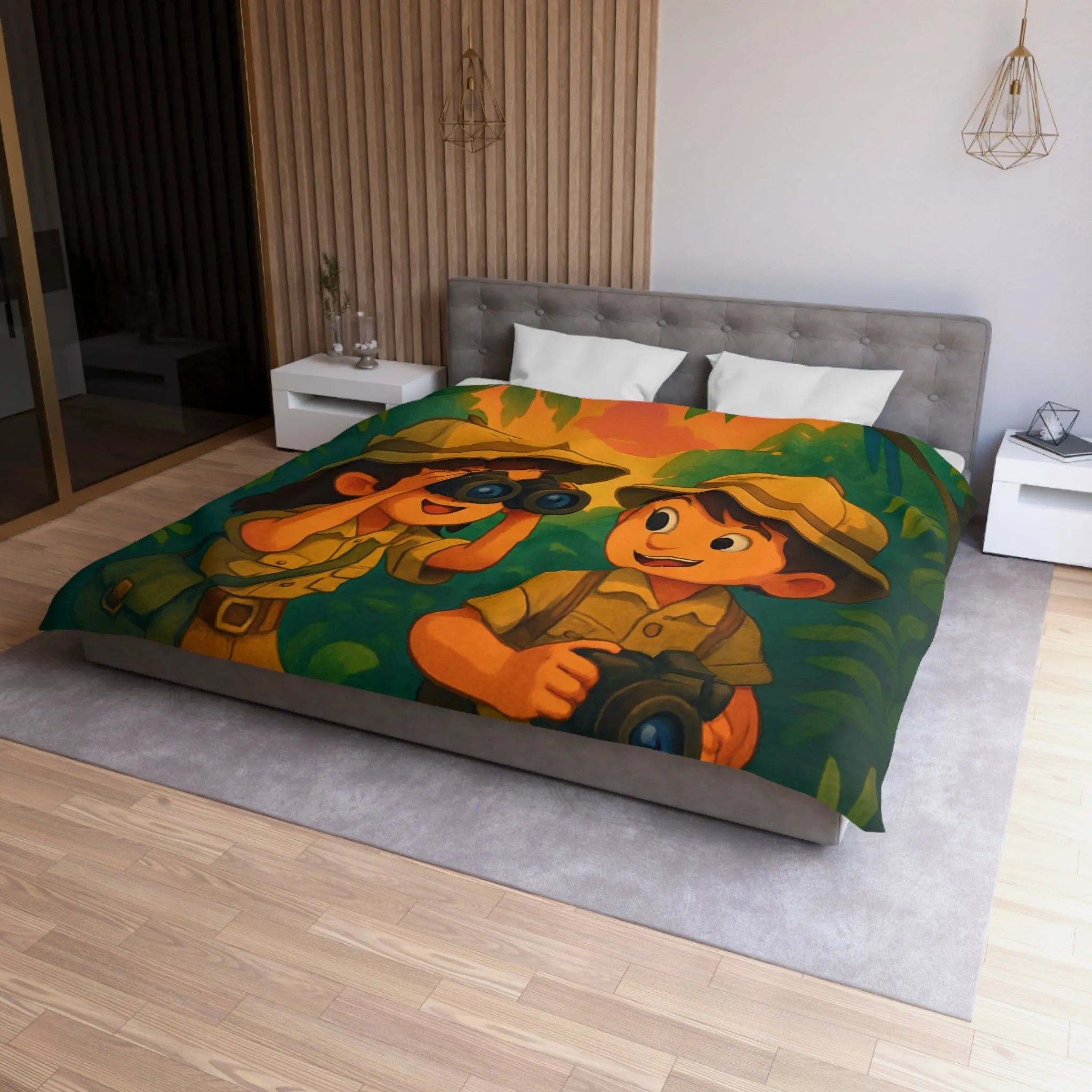 Housse de couette jungle colorée avec enfants explorateurs, perroquet et éléphant mignon