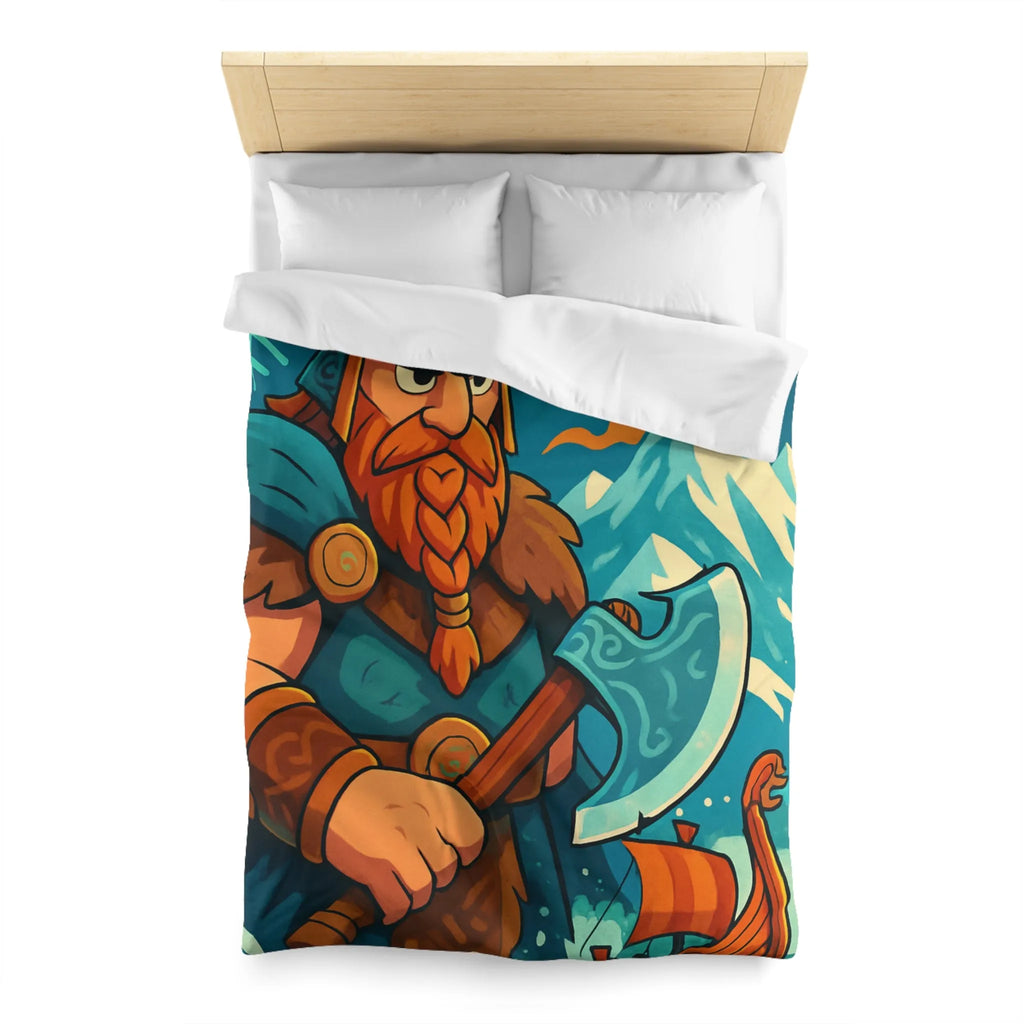Housse de couette avec Viking, hache nordique, montagnes enneigées et runes anciennes