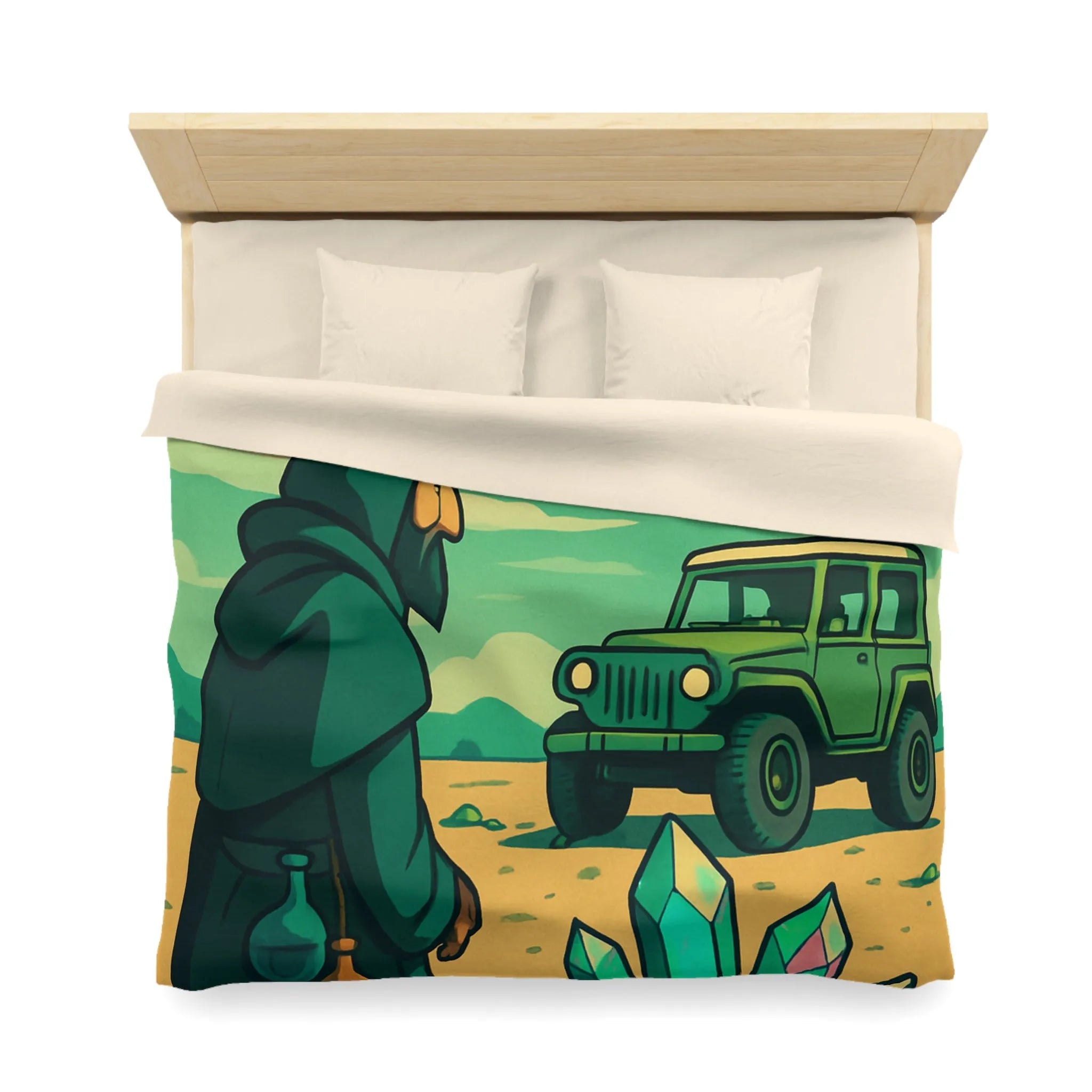 Housse de couette illustrée avec paysage surnaturel, grotte colorée et véhicule tout-terrain